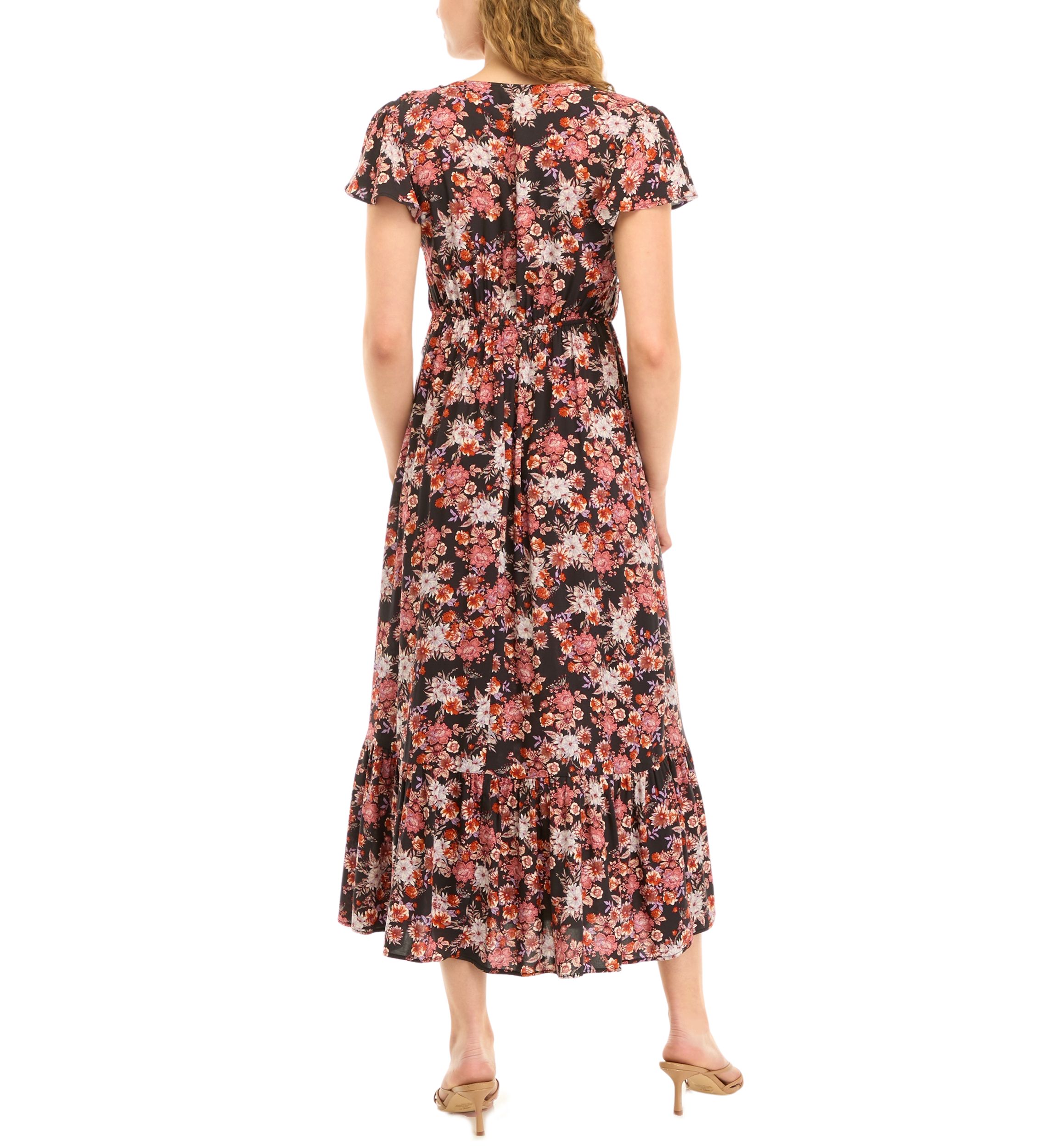 Womens Flutter Sleeve Floral Smocked Midi Dress