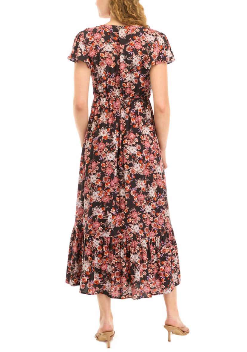 Womens Flutter Sleeve Floral Smocked Midi Dress