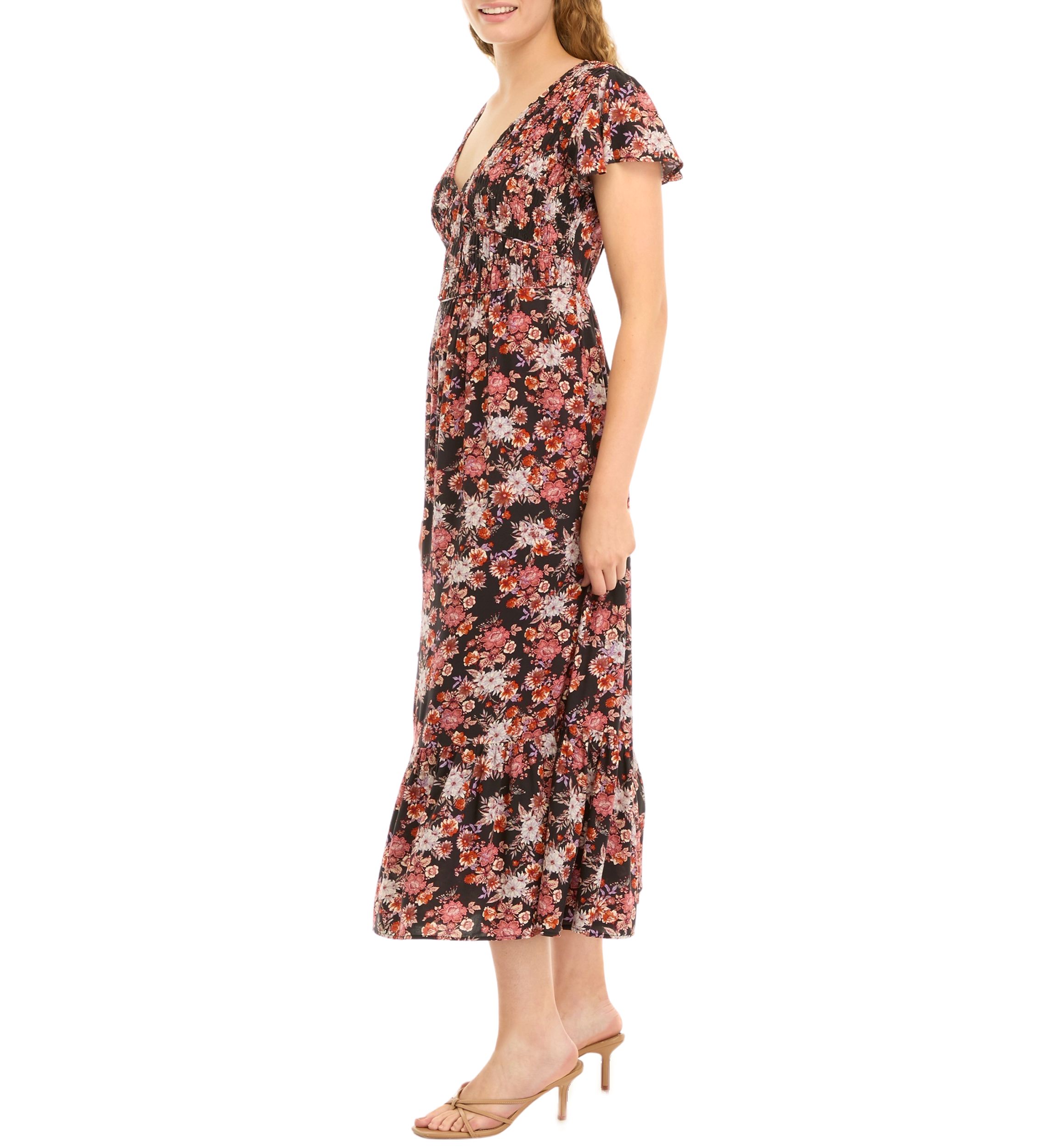 Womens Flutter Sleeve Floral Smocked Midi Dress