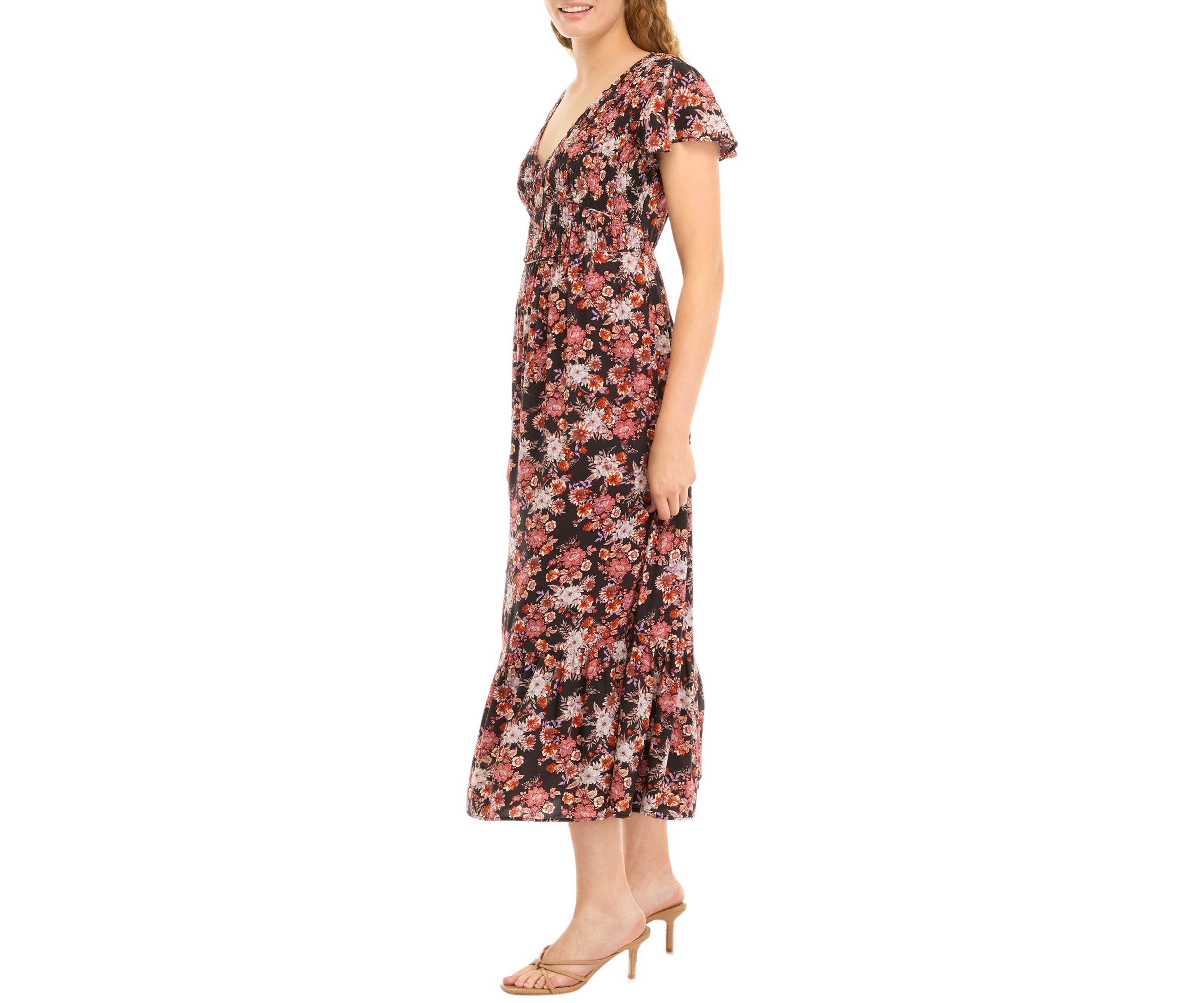 Womens Flutter Sleeve Floral Smocked Midi Dress