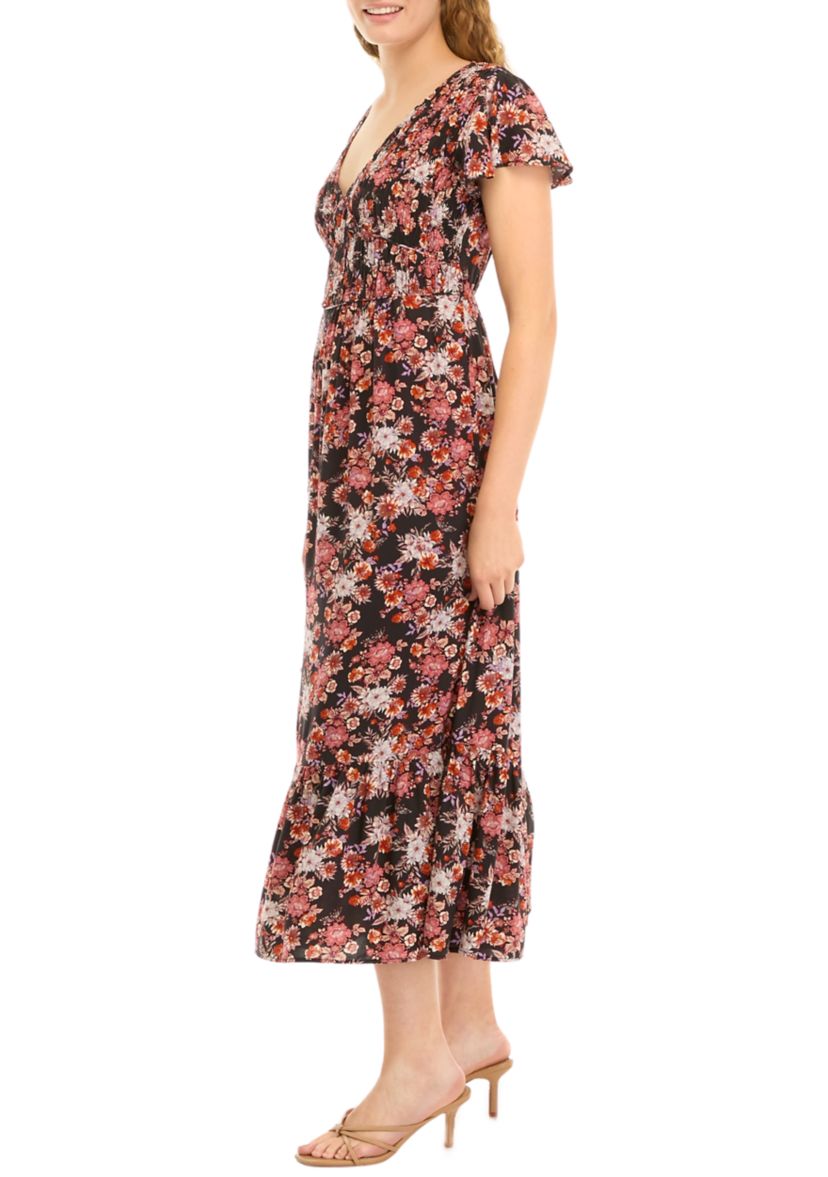 Womens Flutter Sleeve Floral Smocked Midi Dress