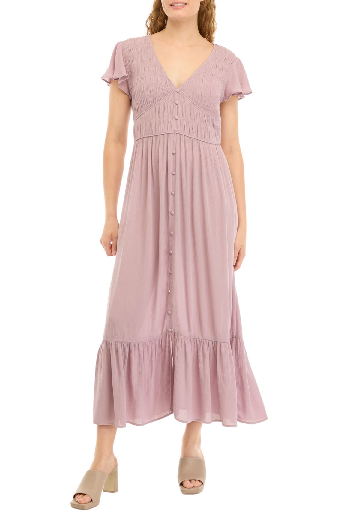 Womens Flutter Sleeve Smocked Midi Dress 
