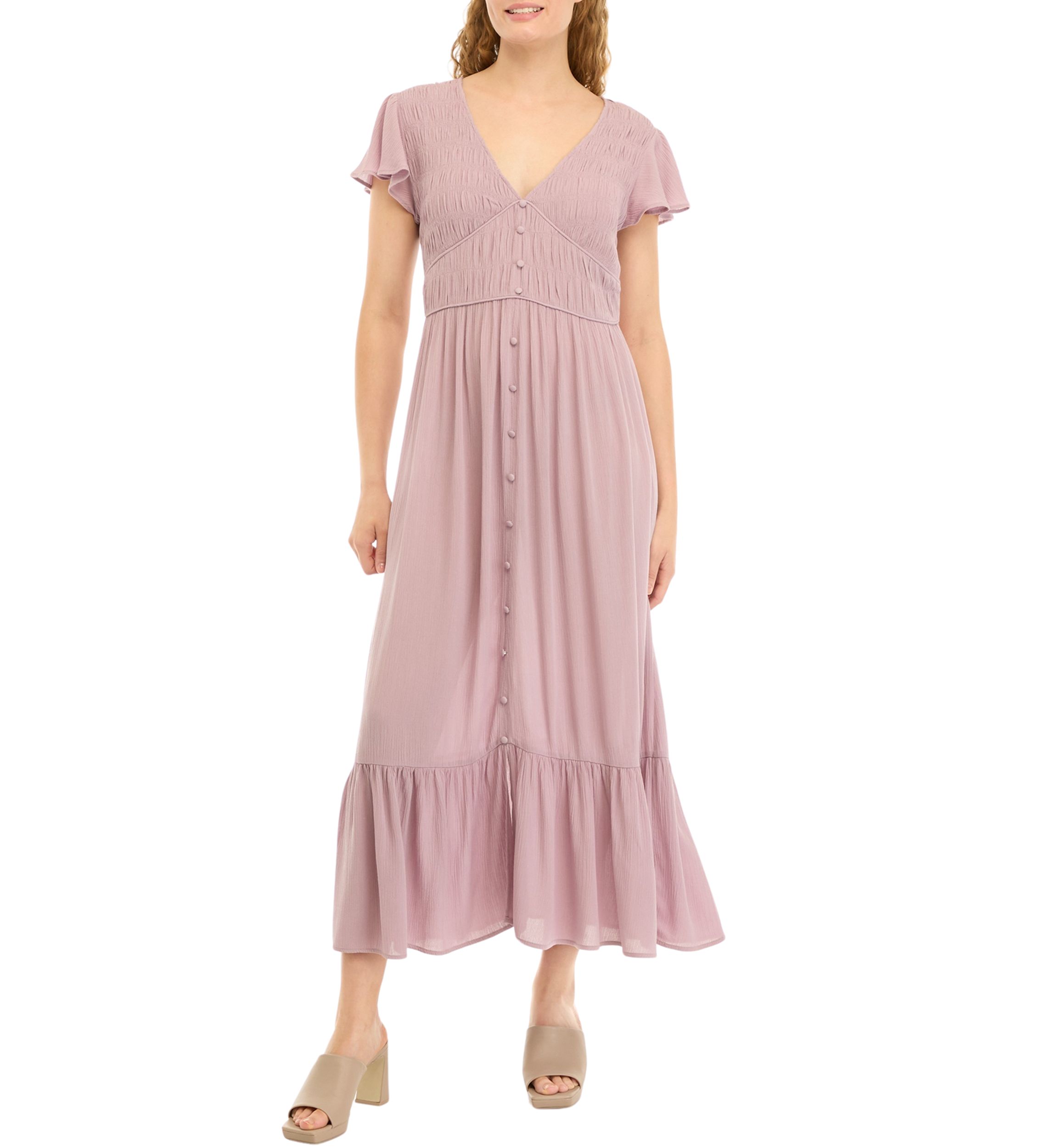 Womens Flutter Sleeve Smocked Midi Dress 