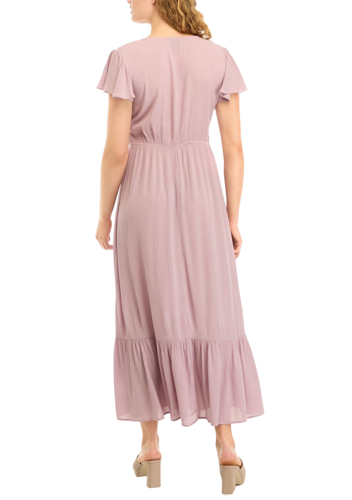 Womens Flutter Sleeve Smocked Midi Dress 