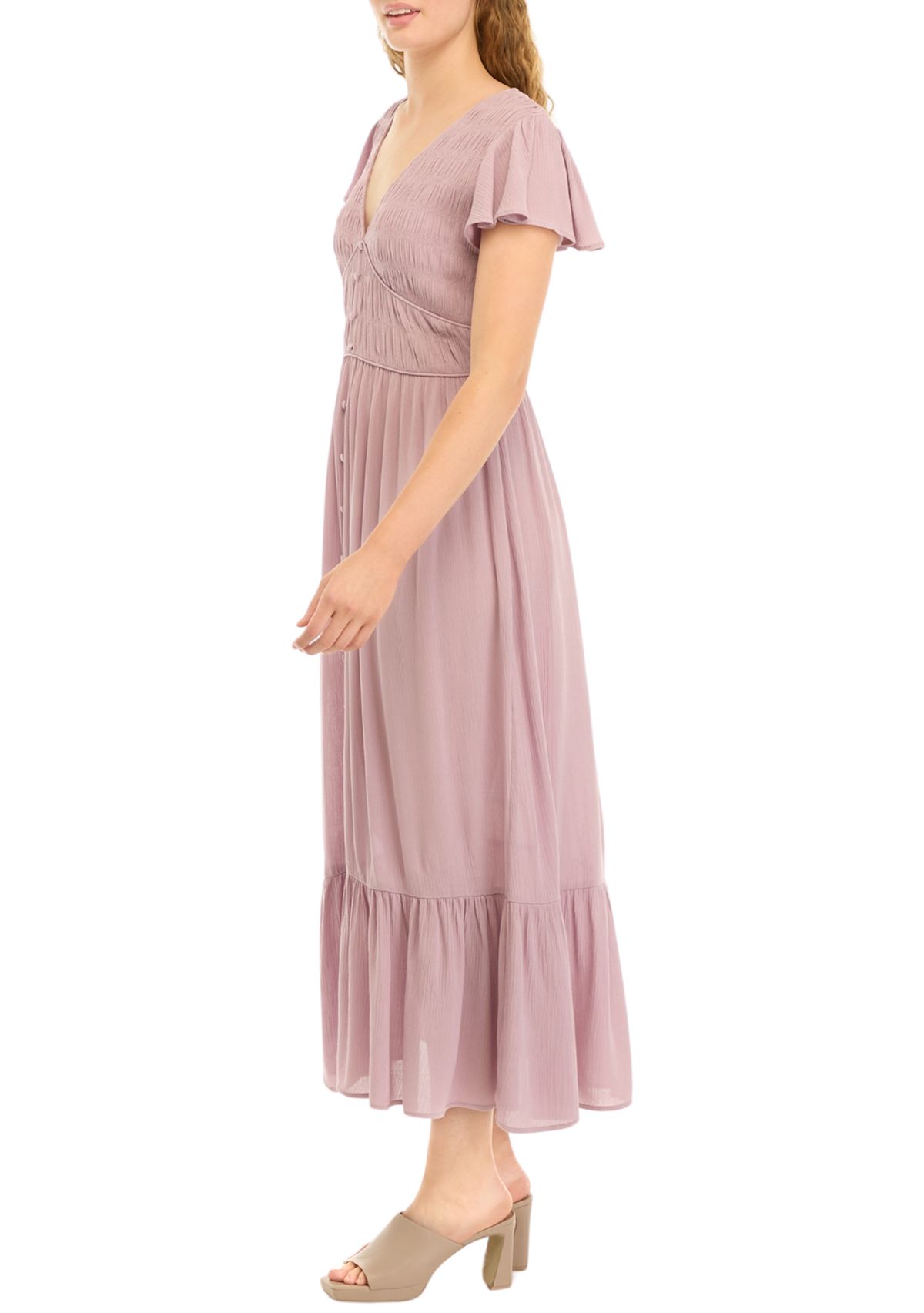 Womens Flutter Sleeve Smocked Midi Dress 