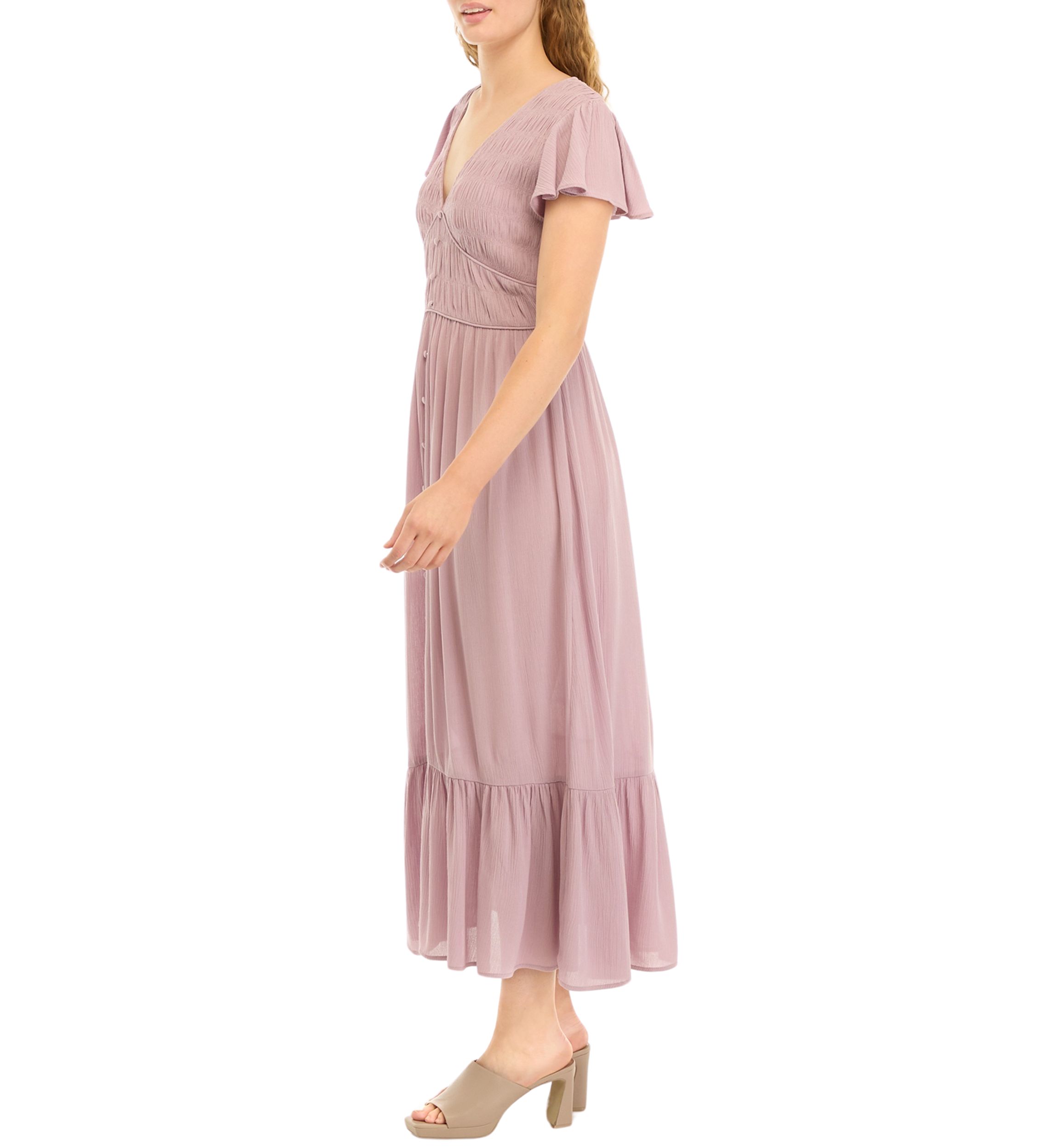 Womens Flutter Sleeve Smocked Midi Dress 