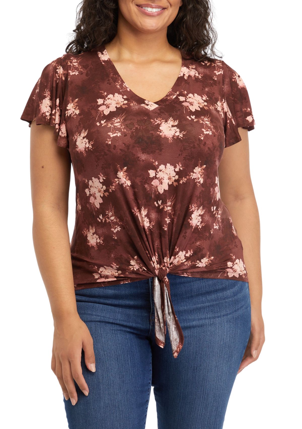 Plus Size V-Neck Flutter Sleeve Tie Front Top