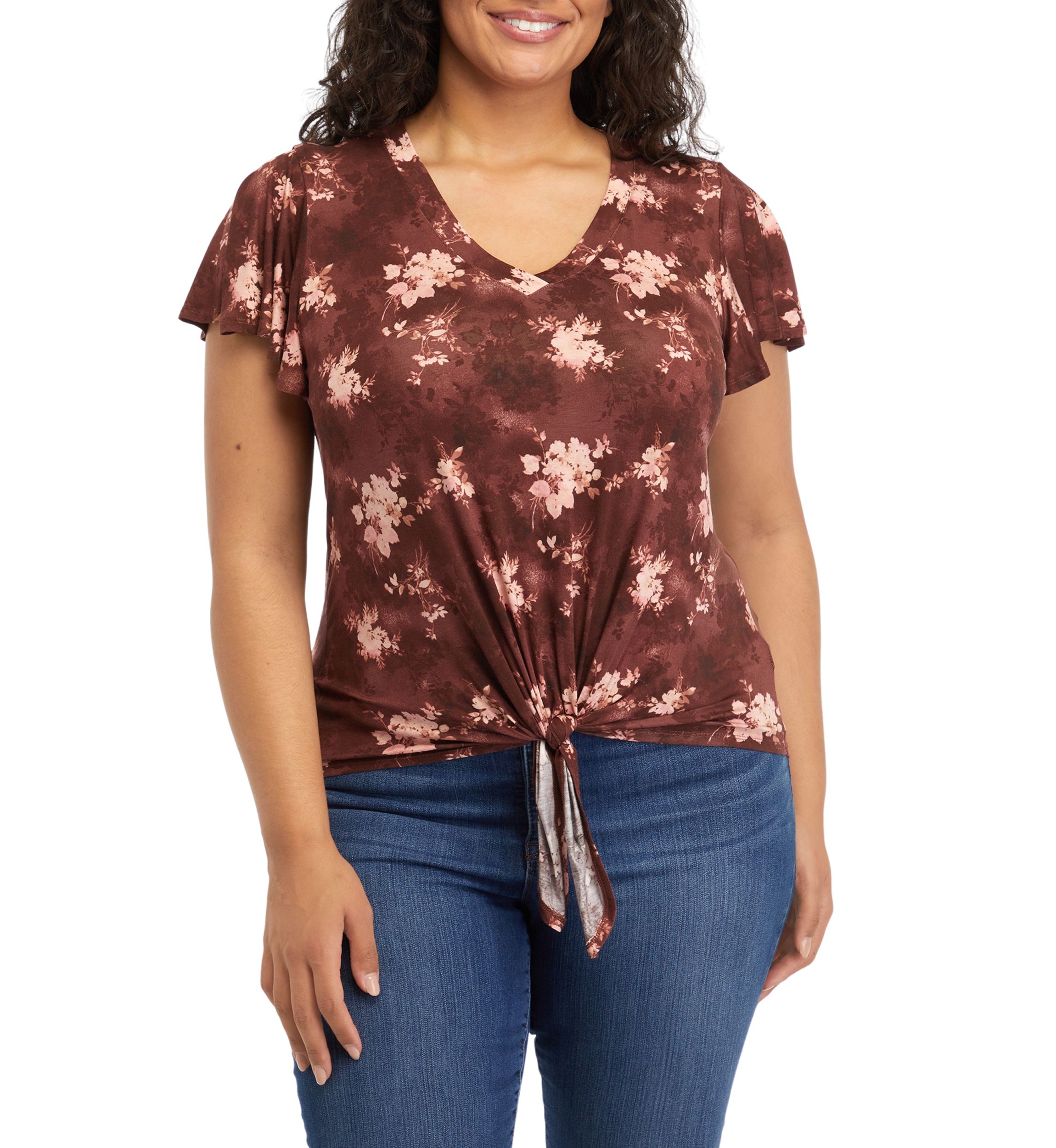 Plus Size V-Neck Flutter Sleeve Tie Front Top