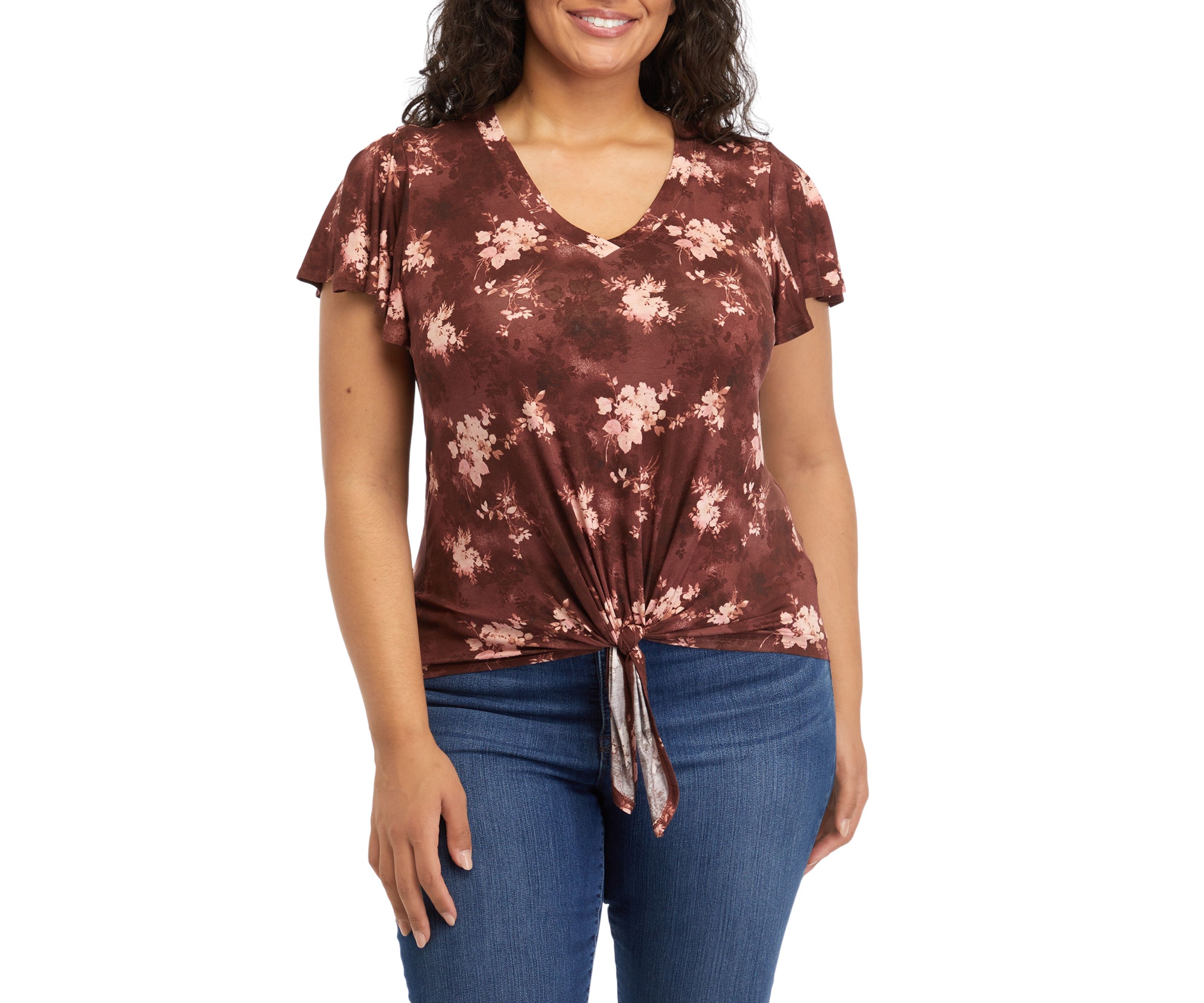 Plus Size V-Neck Flutter Sleeve Tie Front Top