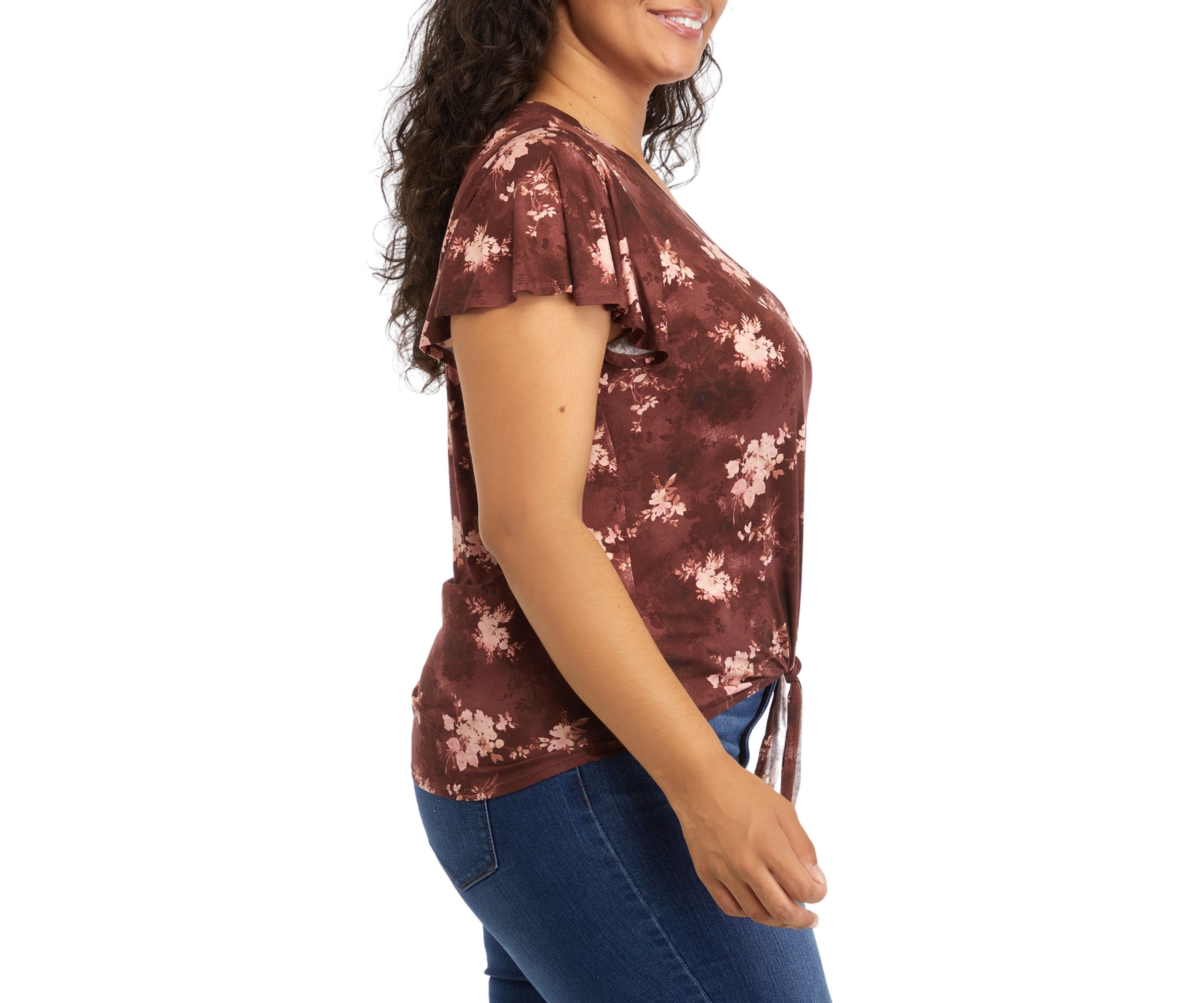 Plus Size V-Neck Flutter Sleeve Tie Front Top