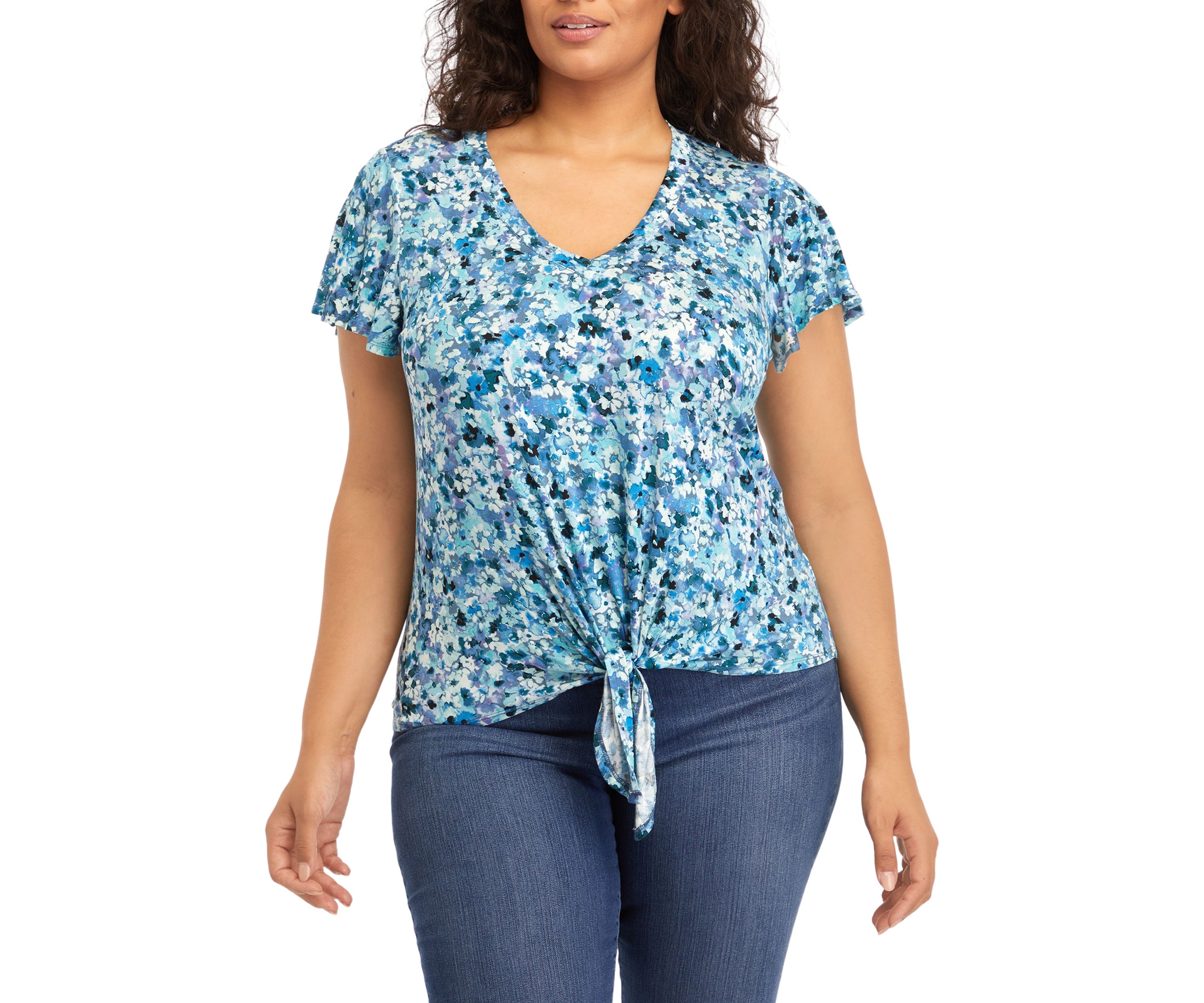 Plus Size V-Neck Flutter Sleeve Tie Front Top