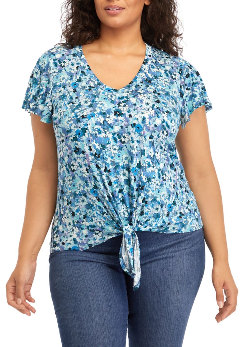 Plus Size V-Neck Flutter Sleeve Tie Front Top
