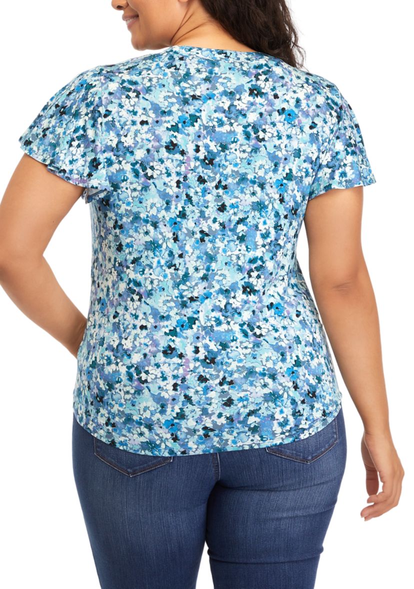 Plus Size V-Neck Flutter Sleeve Tie Front Top