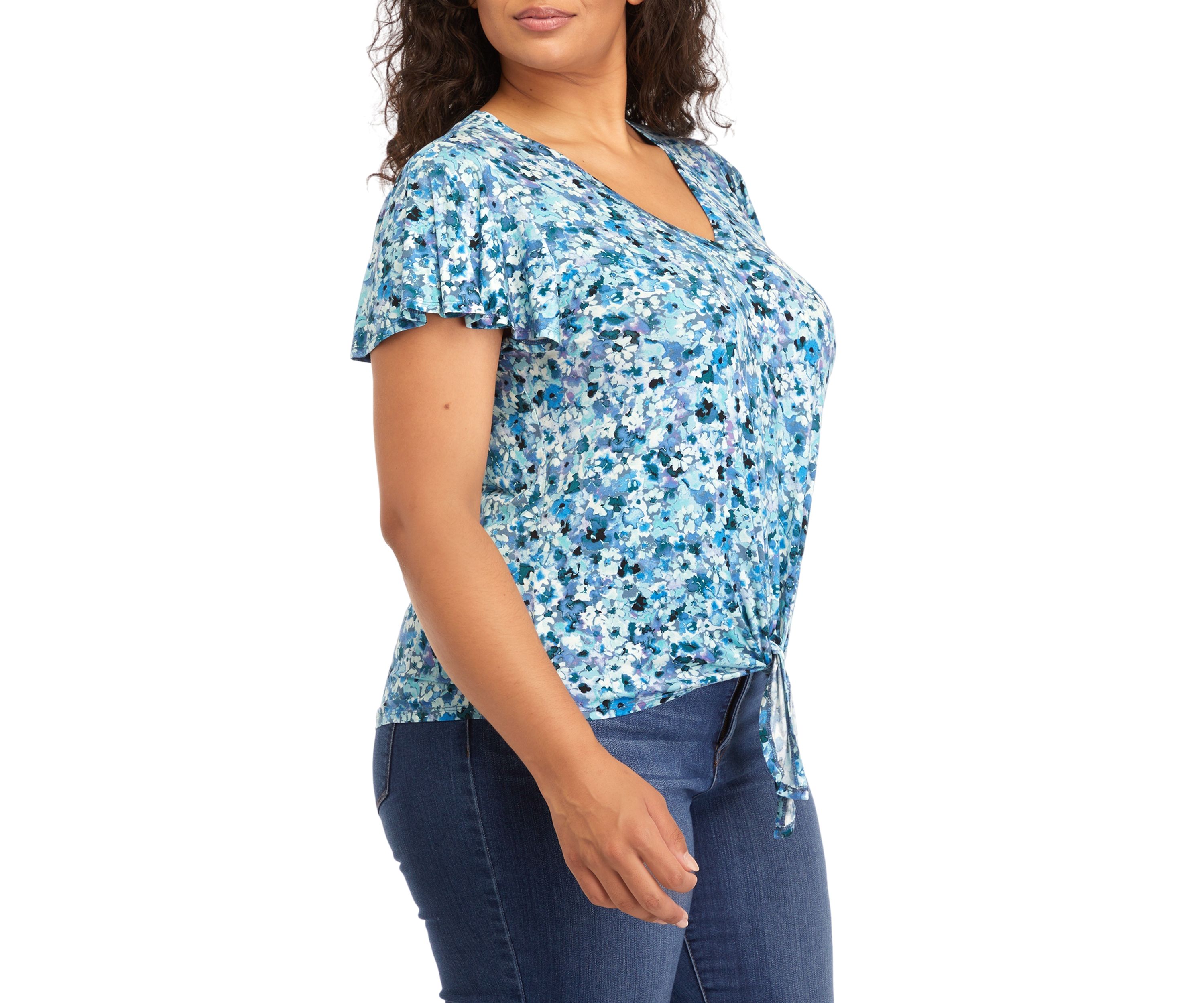 Plus Size V-Neck Flutter Sleeve Tie Front Top