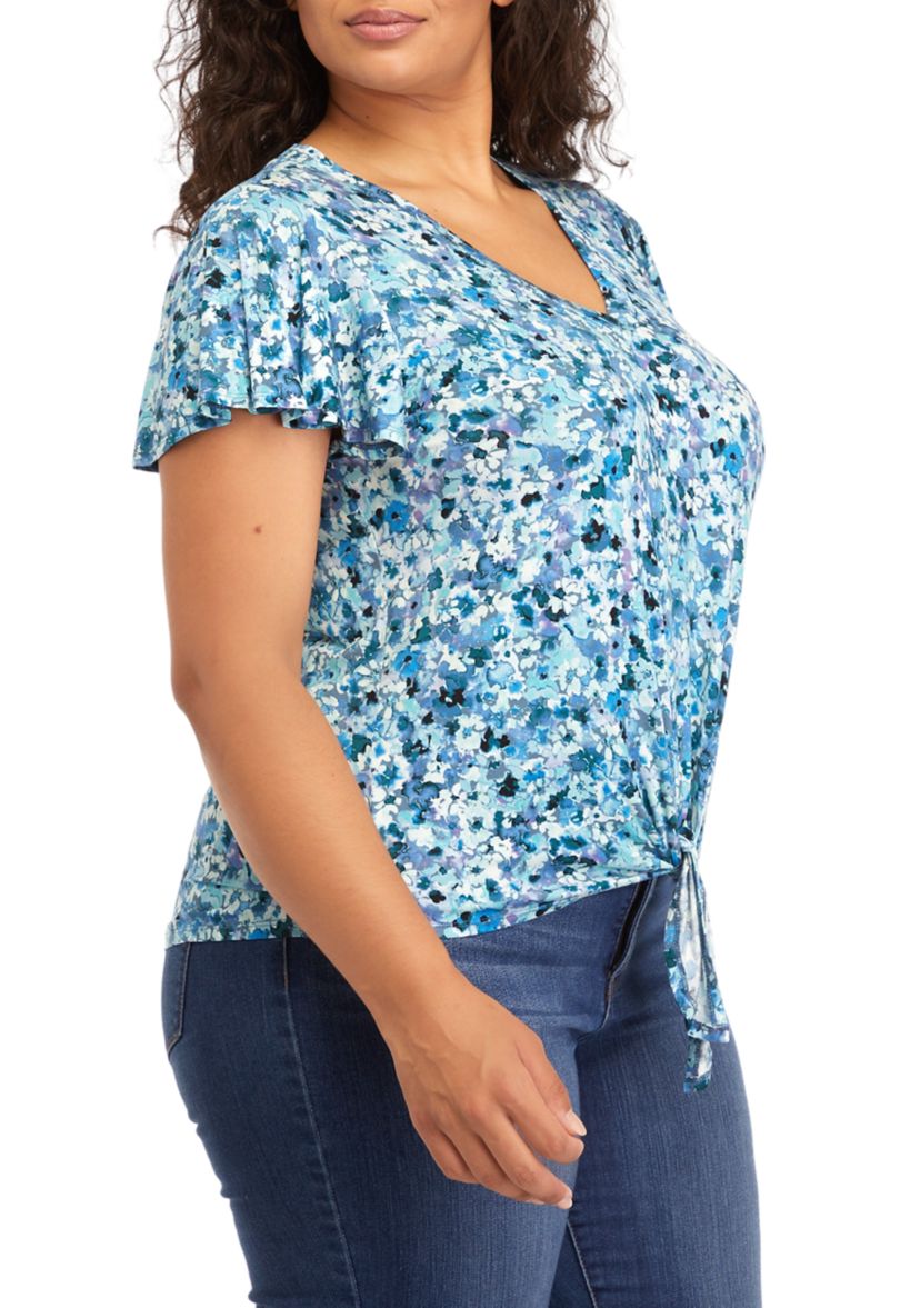 Plus Size V-Neck Flutter Sleeve Tie Front Top