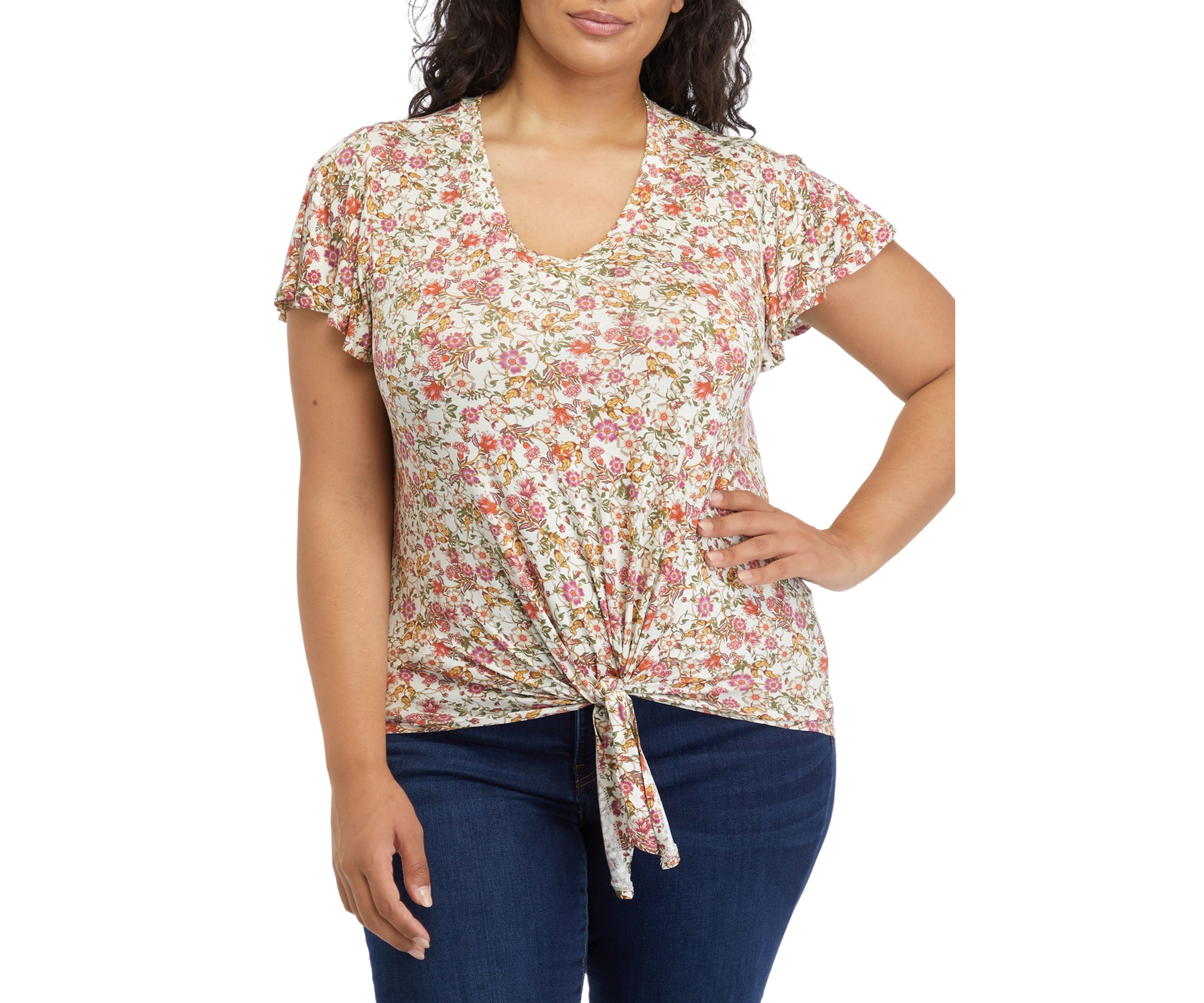 Plus Size V-Neck Flutter Sleeve Tie Front Top