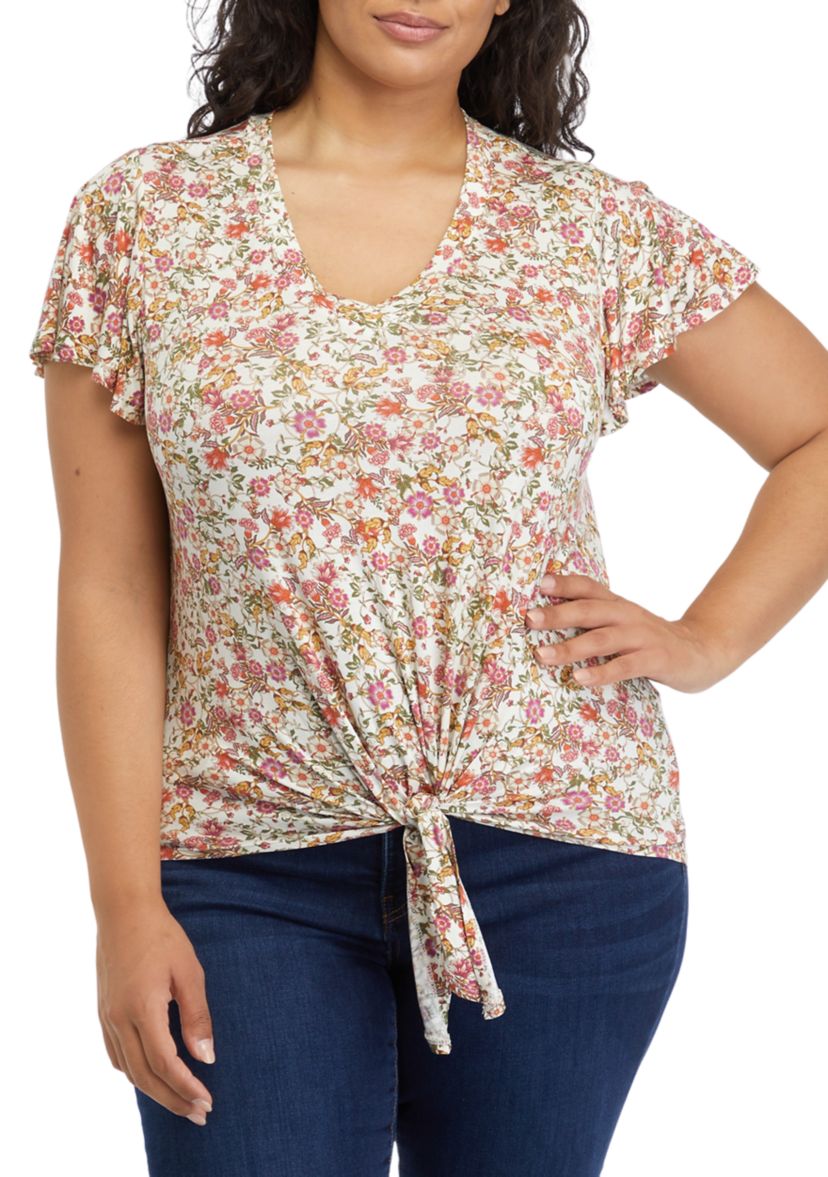 Plus Size V-Neck Flutter Sleeve Tie Front Top