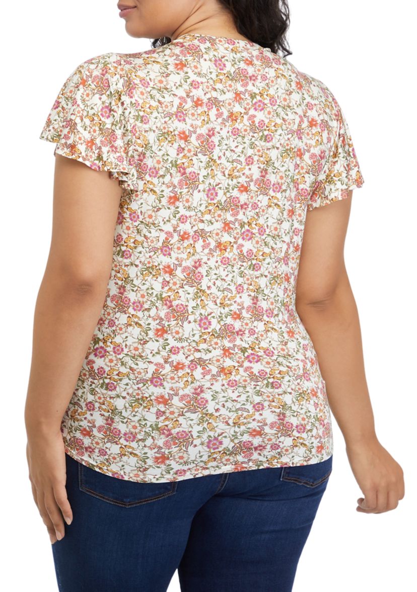 Plus Size V-Neck Flutter Sleeve Tie Front Top
