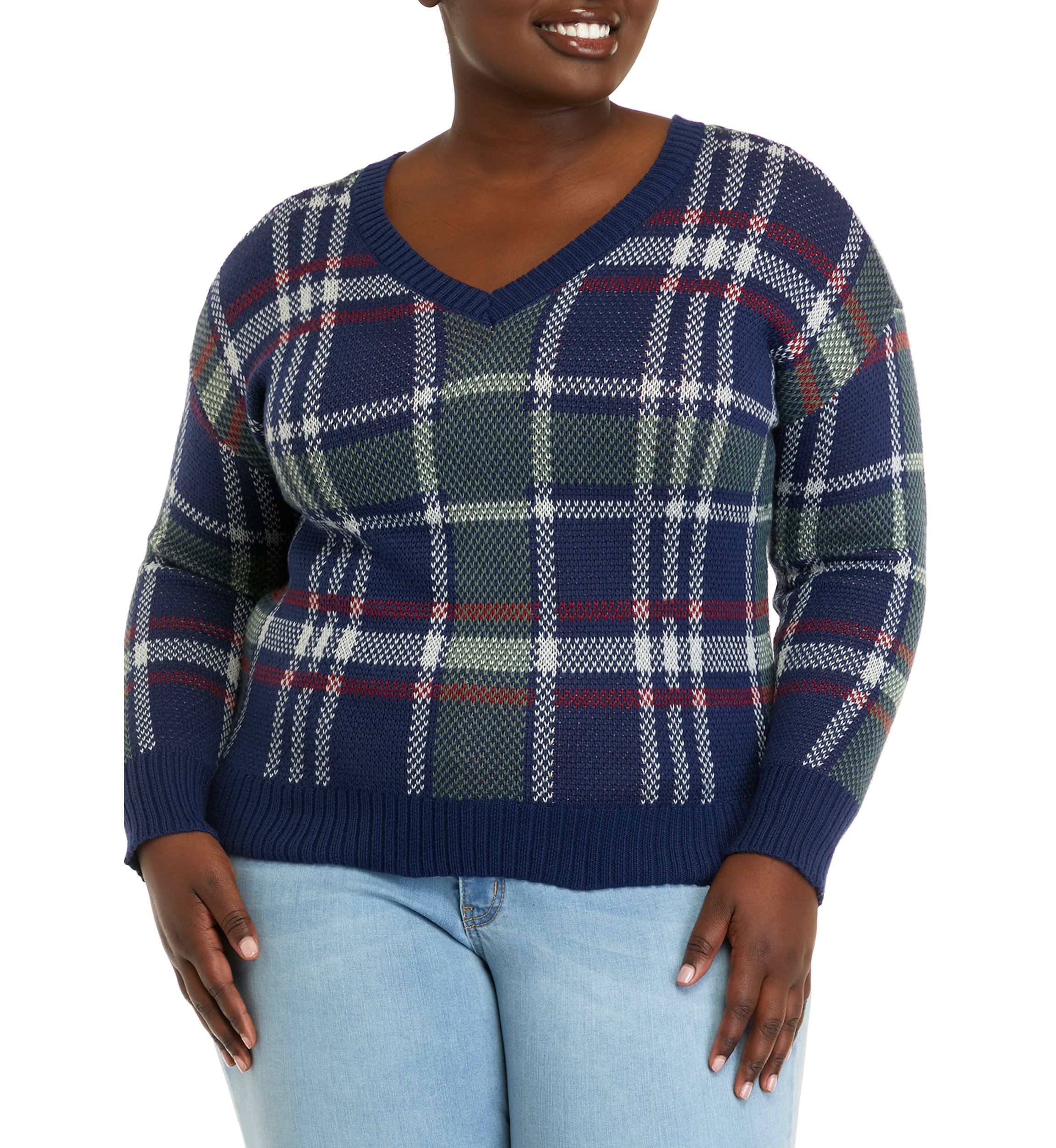 Plus Size Navy-Forest Plaid V-Neck Sweater