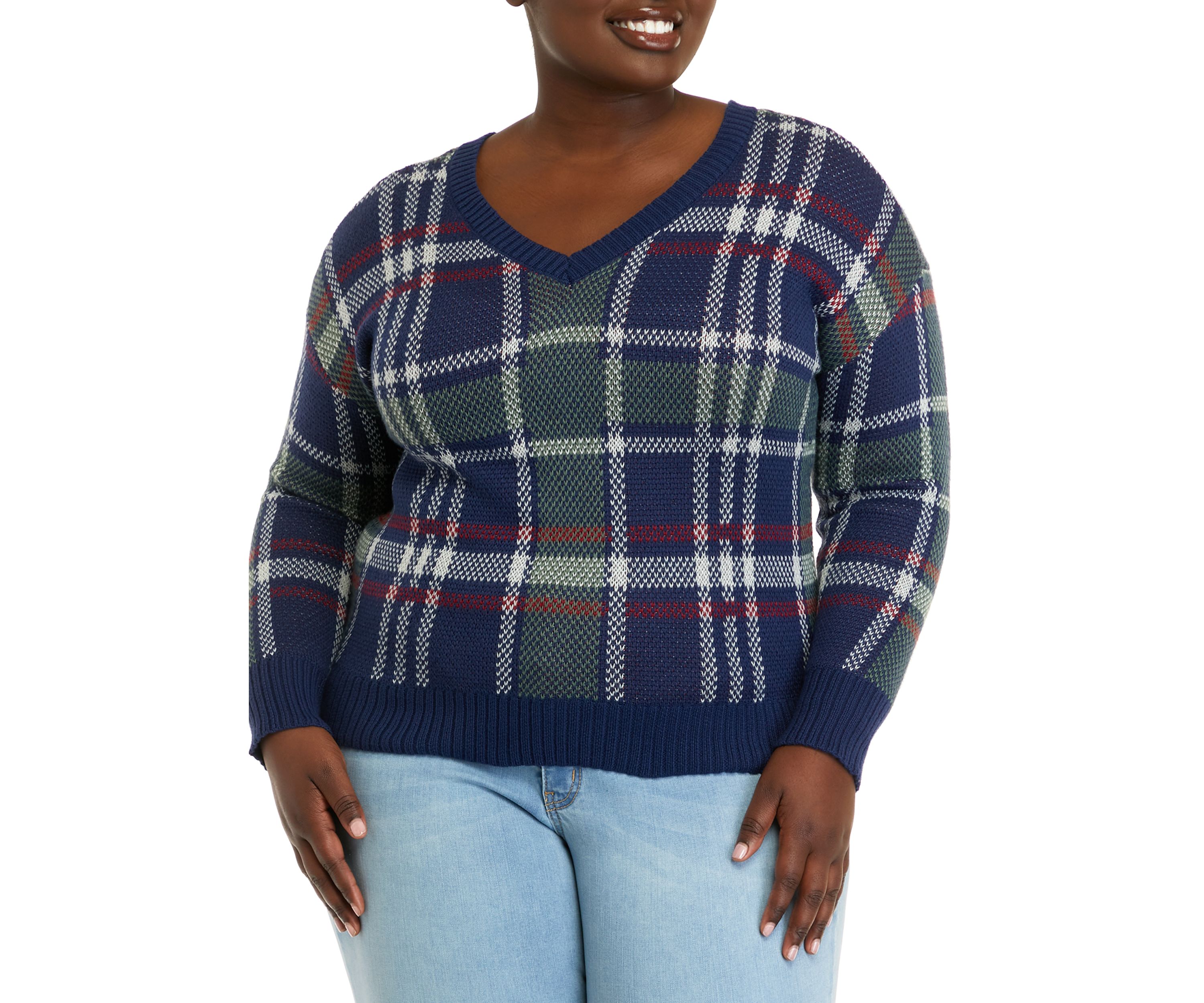 Plus Size Navy-Forest Plaid V-Neck Sweater