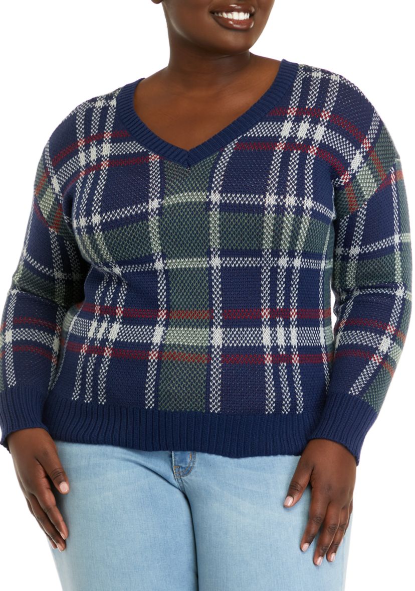 Plus Size Navy-Forest Plaid V-Neck Sweater