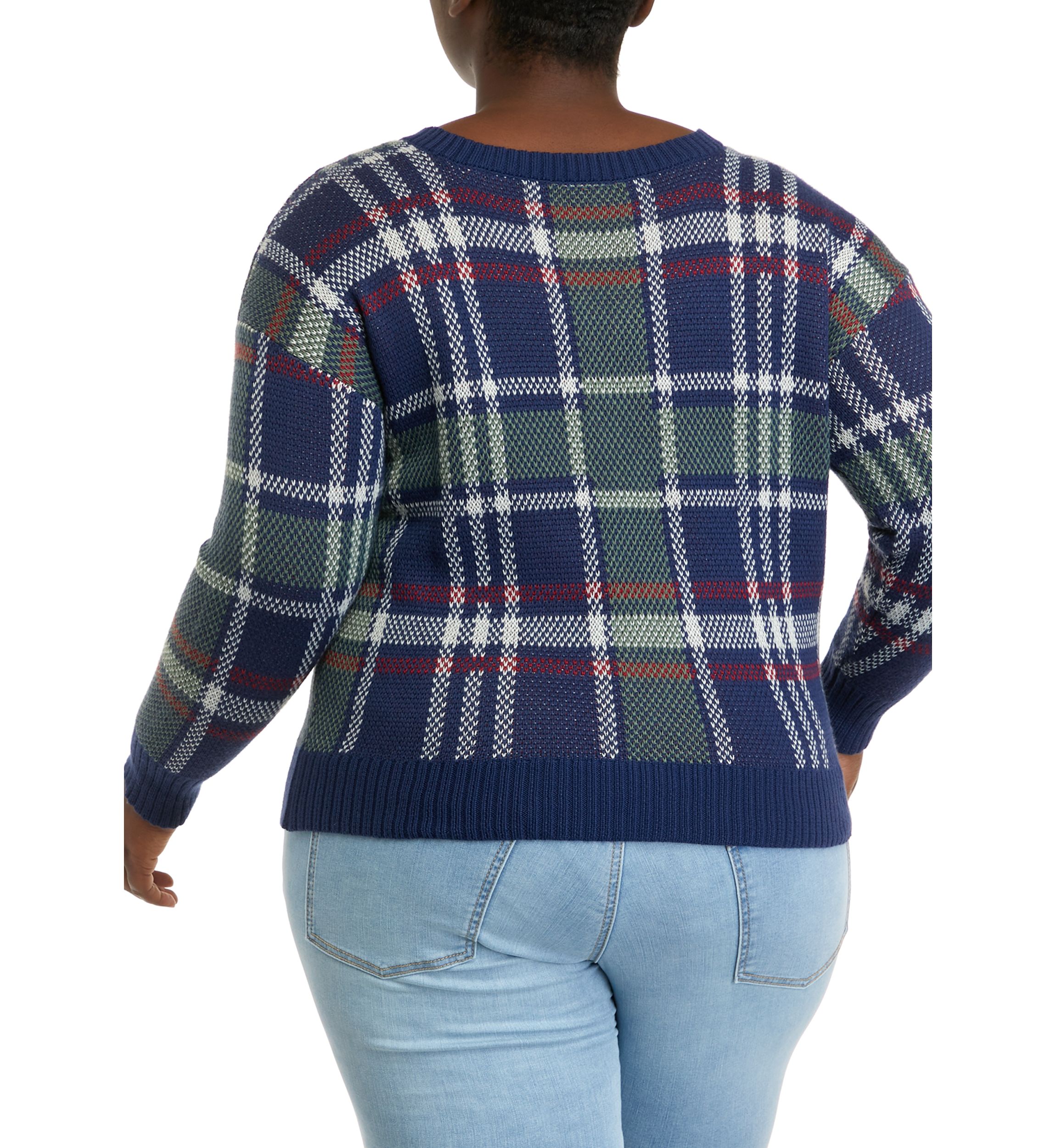 Plus Size Navy-Forest Plaid V-Neck Sweater