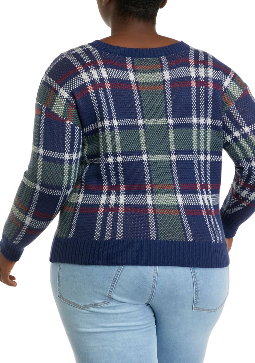 Plus Size Navy-Forest Plaid V-Neck Sweater