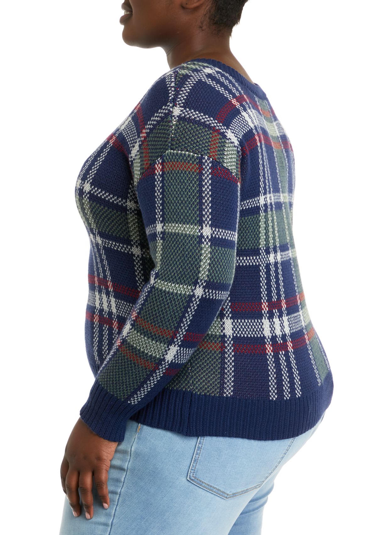 Plus Size Navy-Forest Plaid V-Neck Sweater
