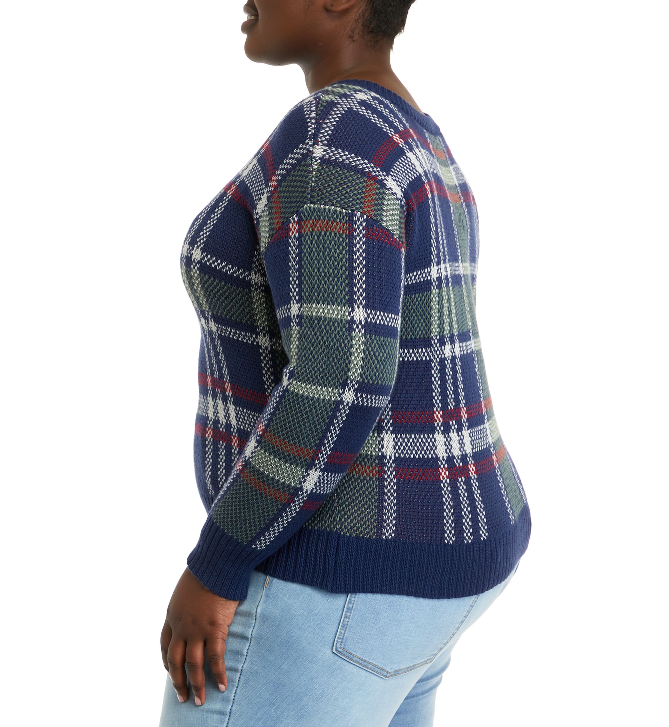 Plus Size Navy-Forest Plaid V-Neck Sweater