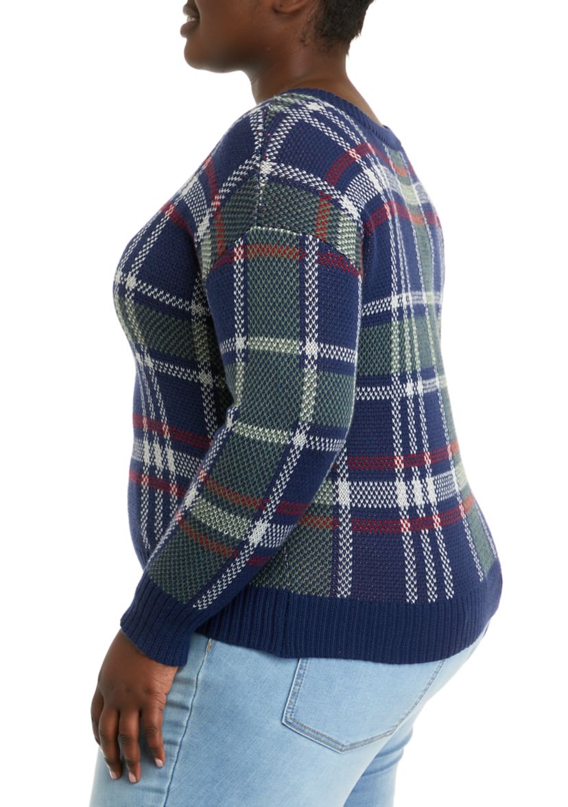 Plus Size Navy-Forest Plaid V-Neck Sweater