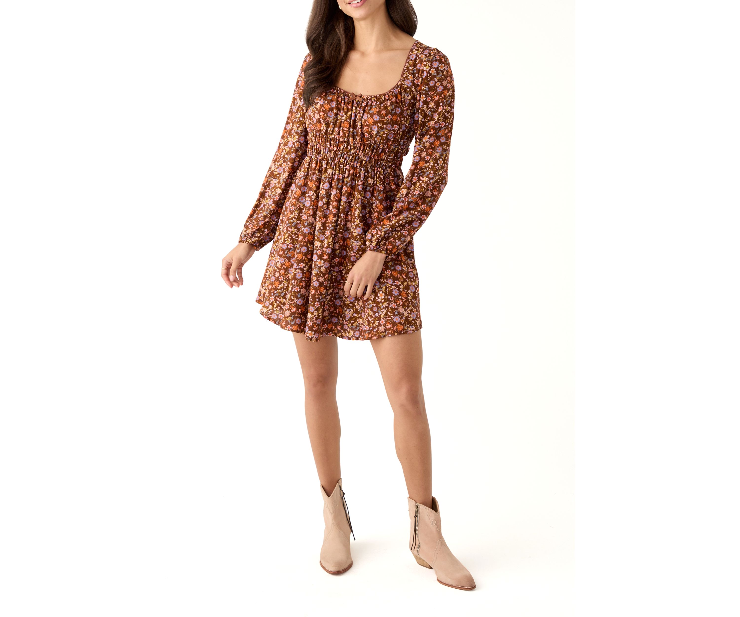Womens Ruched Cut Out Long Sleeve Peasant Dress