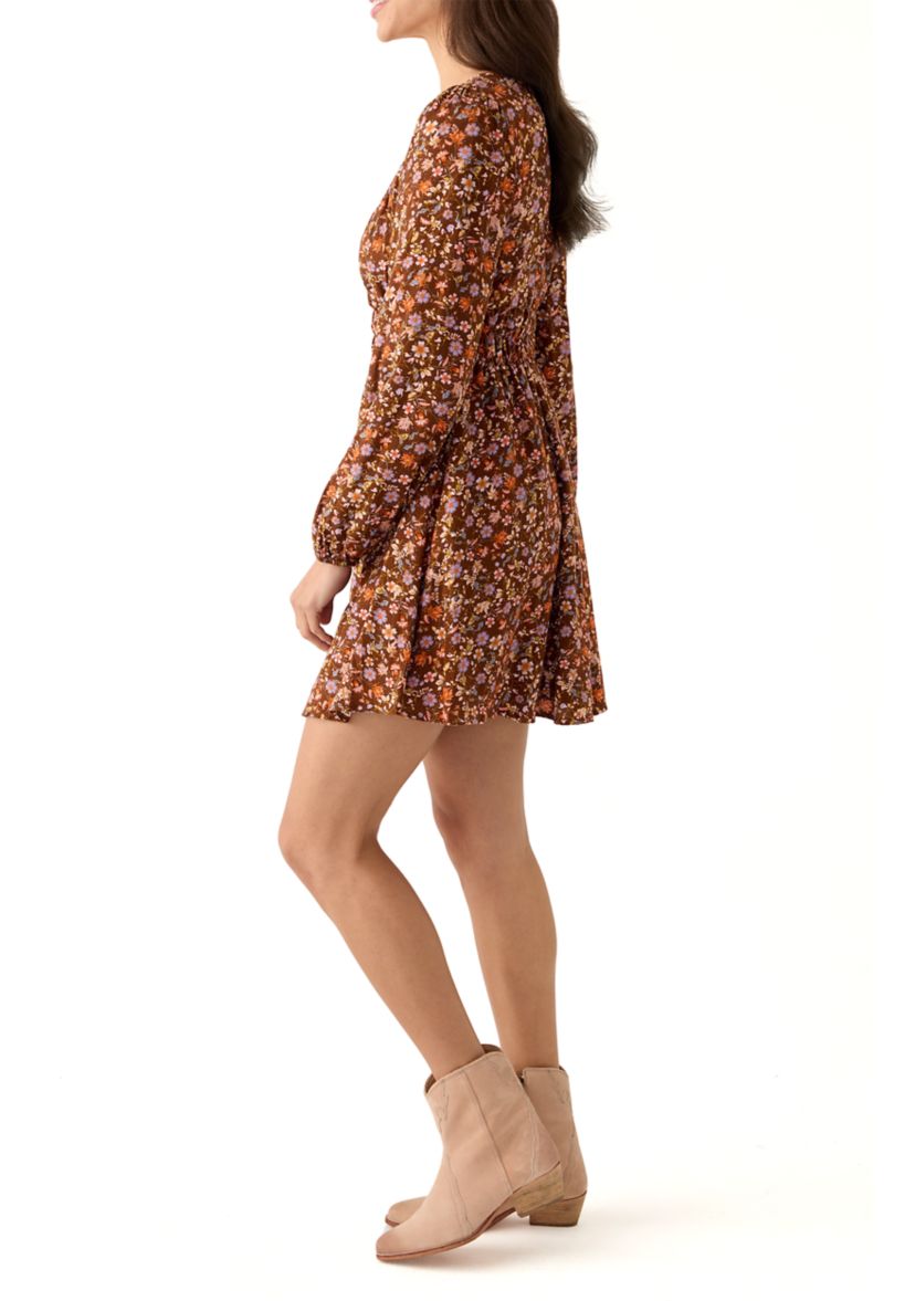 Womens Ruched Cut Out Long Sleeve Peasant Dress