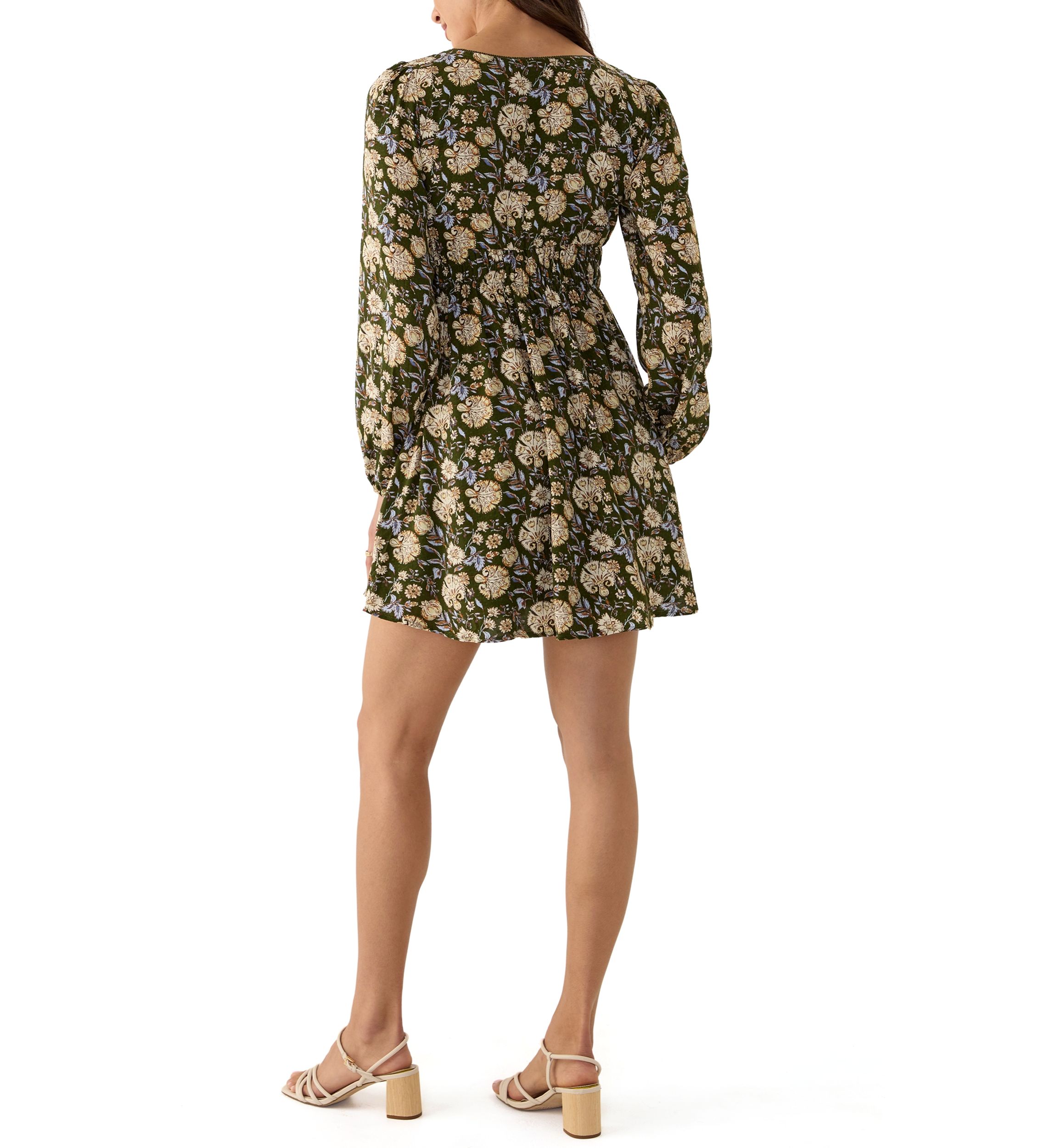 Womens Ruched Cut Out Long Sleeve Peasant Dress