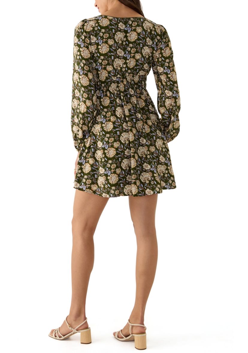 Womens Ruched Cut Out Long Sleeve Peasant Dress