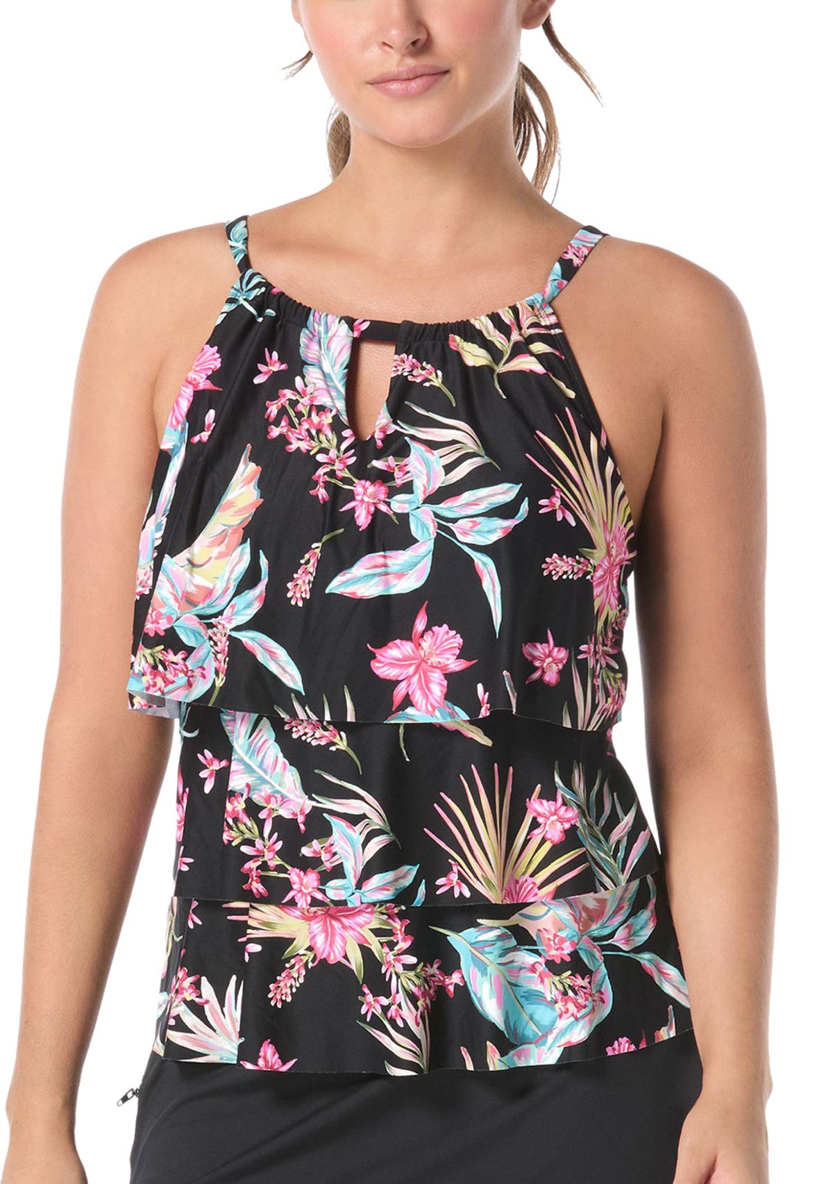 Tropical Jaclyn High Neck Ruffle Tankini Top