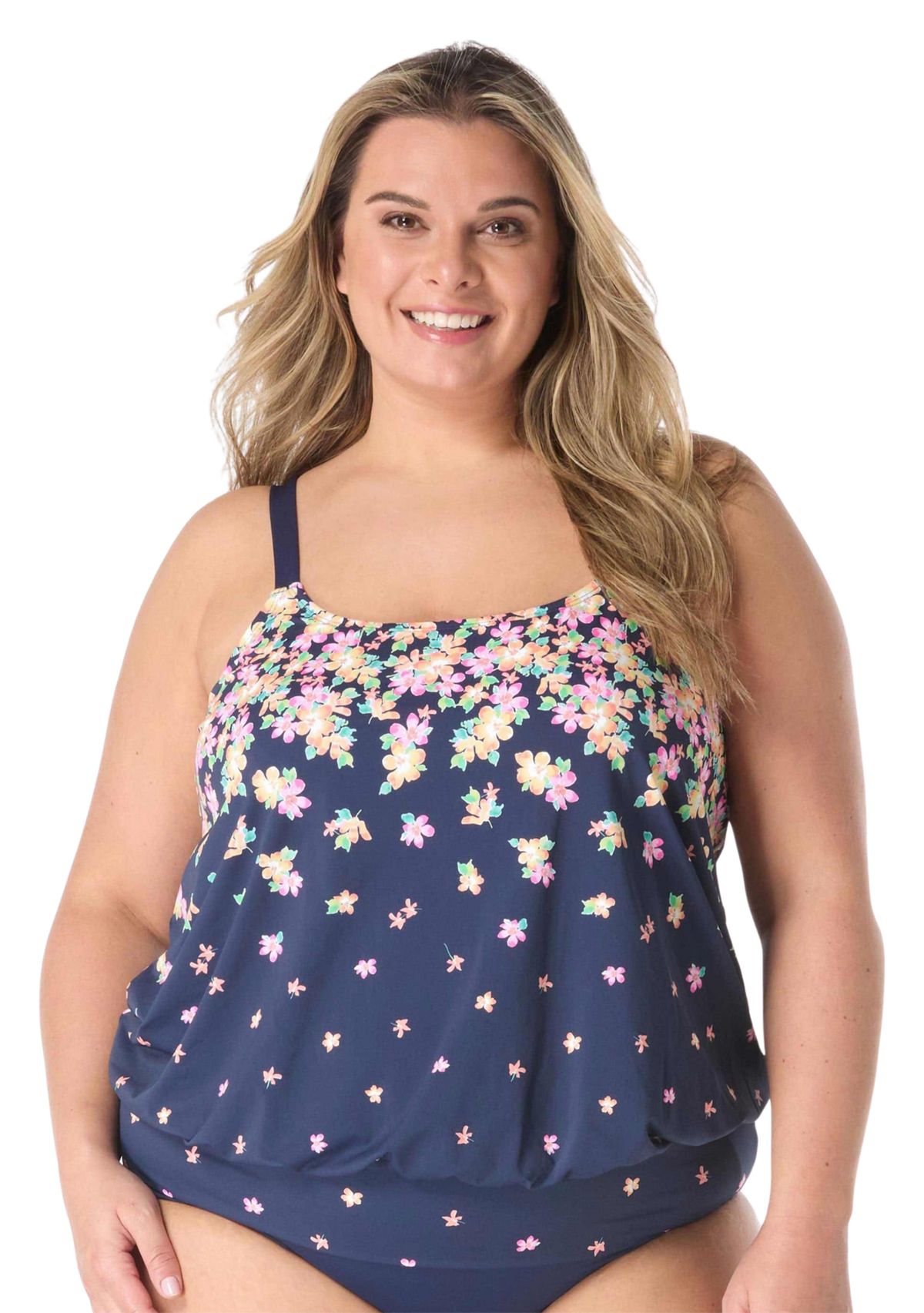 Plus Size Floral Rain Placement Print Tankini Swim Top 