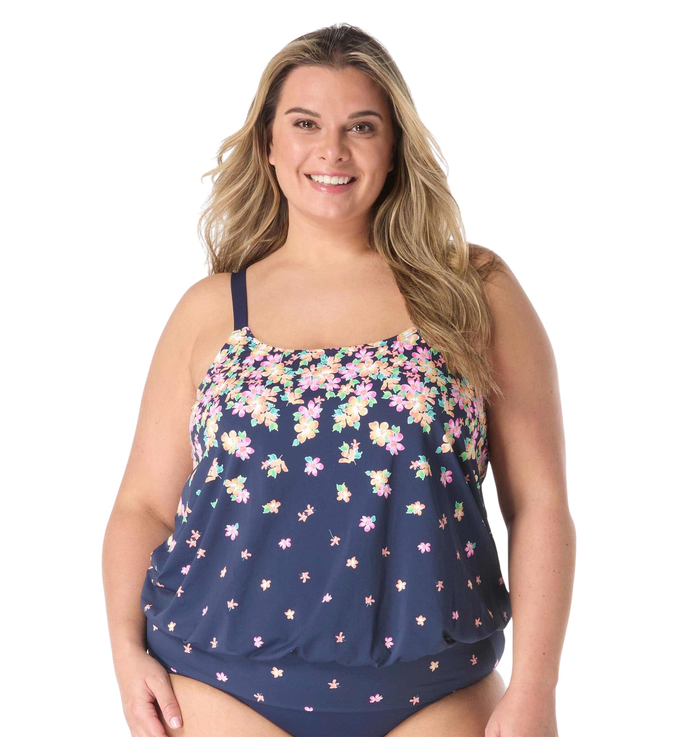 Plus Size Floral Rain Placement Print Tankini Swim Top 