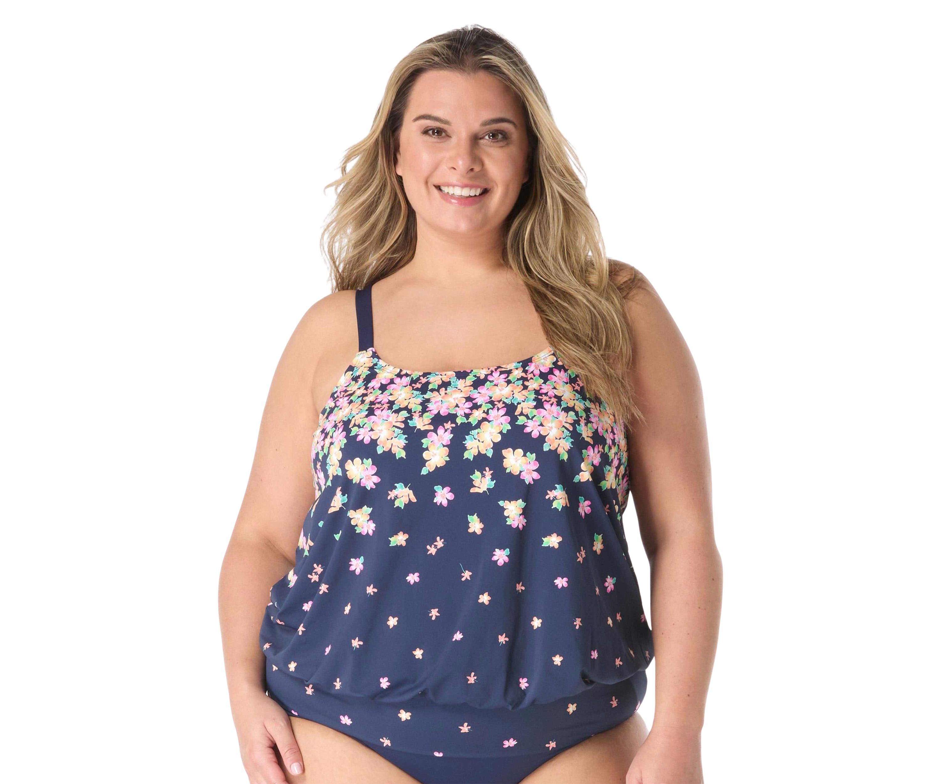 Plus Size Floral Rain Placement Print Tankini Swim Top 