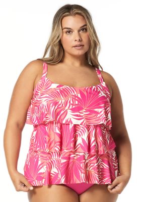 Chlorine Resistant! Beach Belle Pink Paradise Falls Plus Size Sarong Front  Swimsuit - Plus Size Swimwear