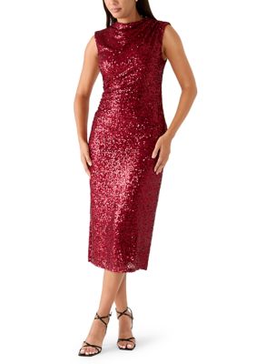 Anne Klein Women's Drape Neck Sequin Midi Dress, Red, XL