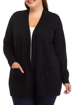 cable & gauge Women's Plus Size Solid Rib Trim Open Cardigan, Black, 1X -  0635762513095