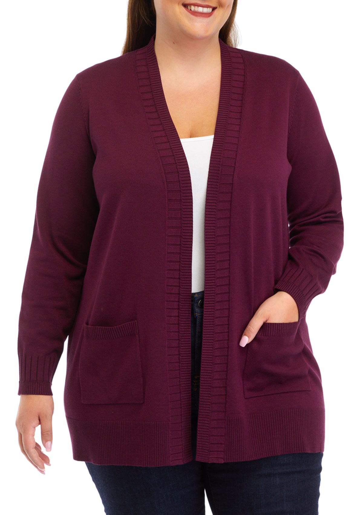 Plus Size Solid Rib Trim Open Cardigan 
