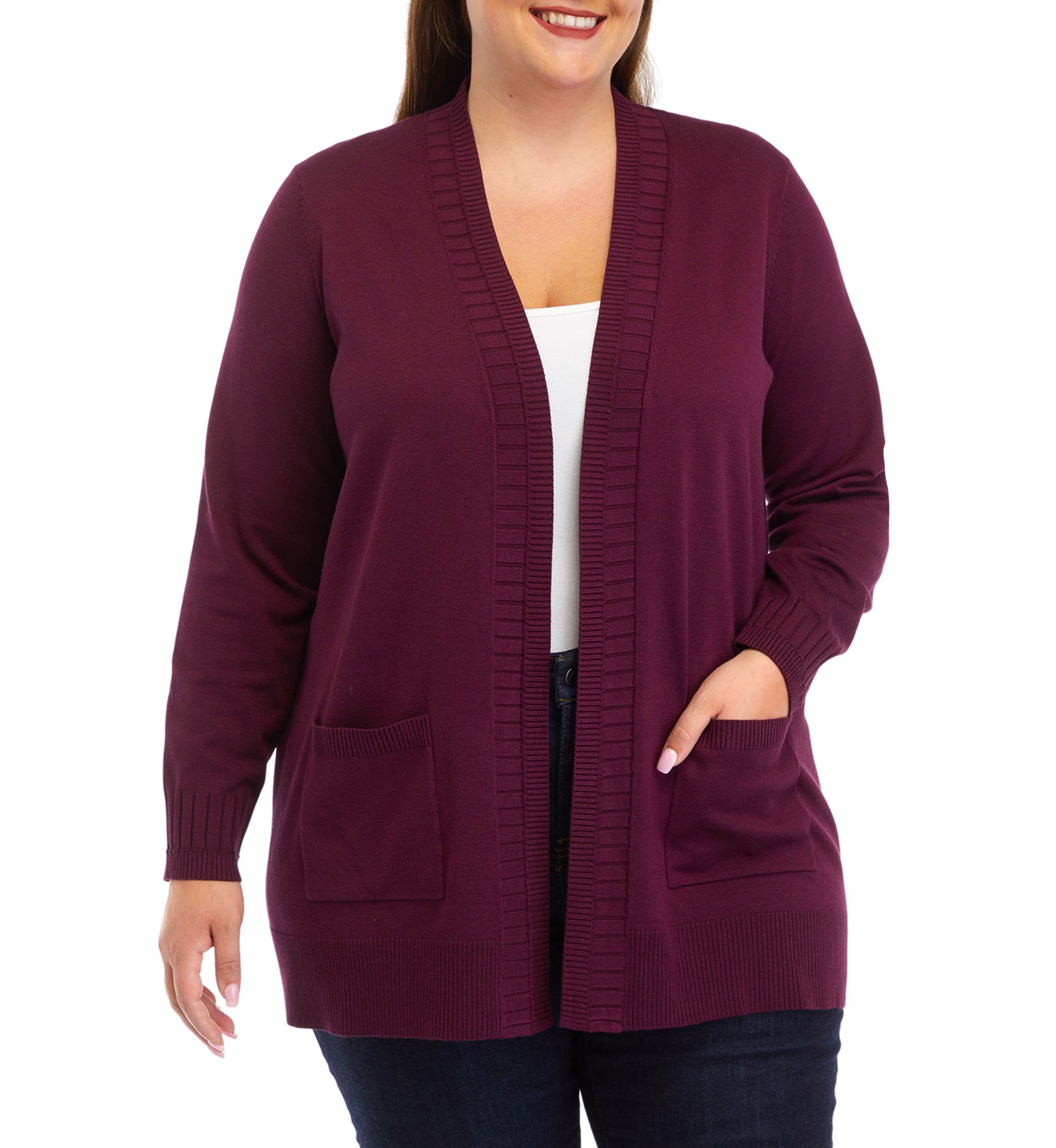 Plus Size Solid Rib Trim Open Cardigan 