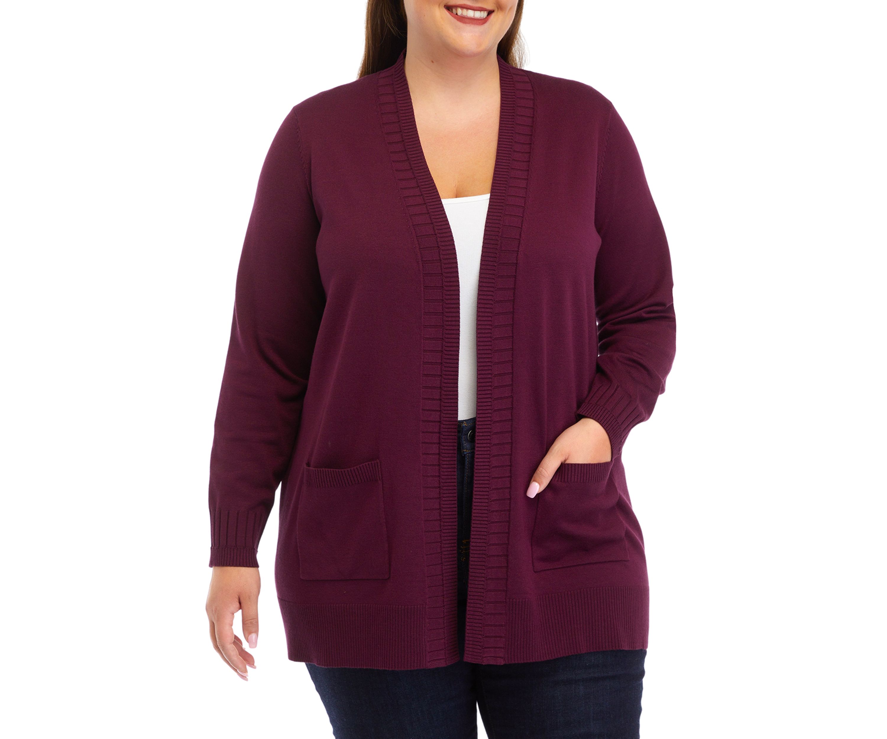 Plus Size Solid Rib Trim Open Cardigan 
