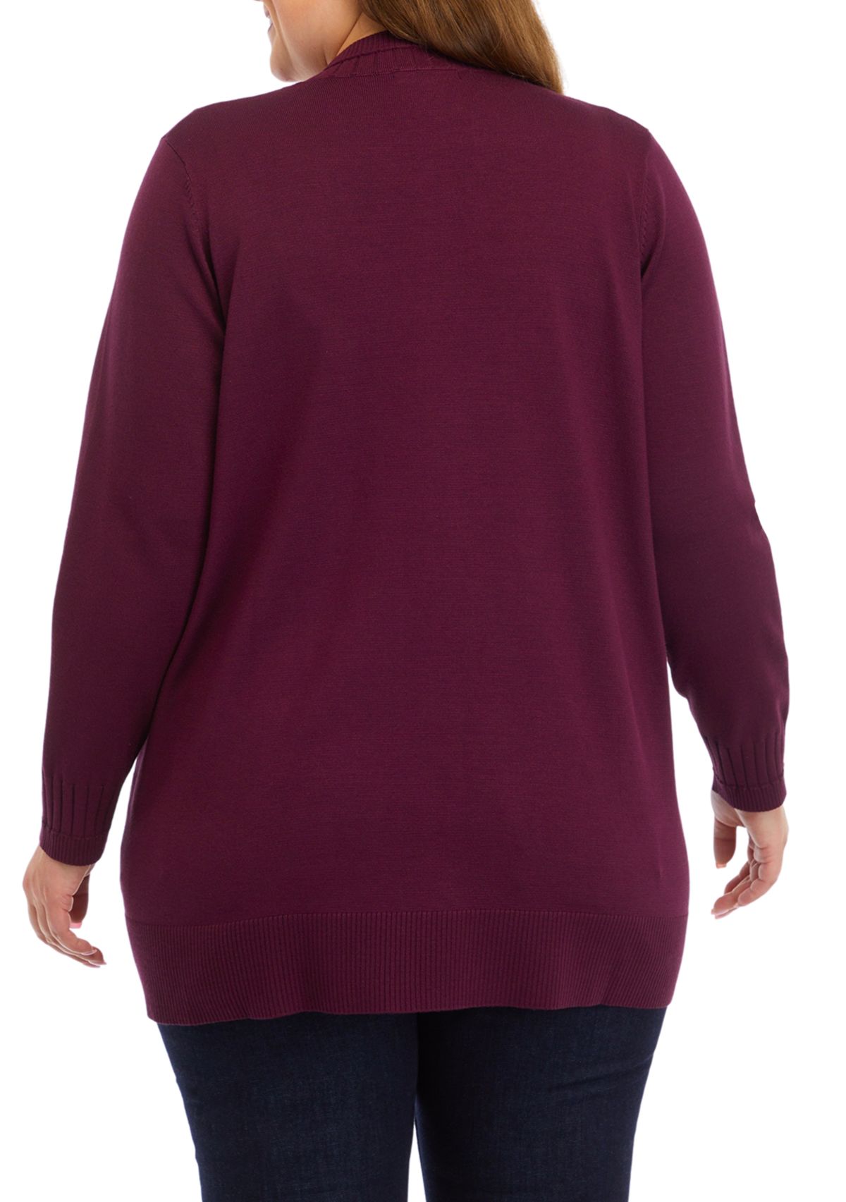 Plus Size Solid Rib Trim Open Cardigan 