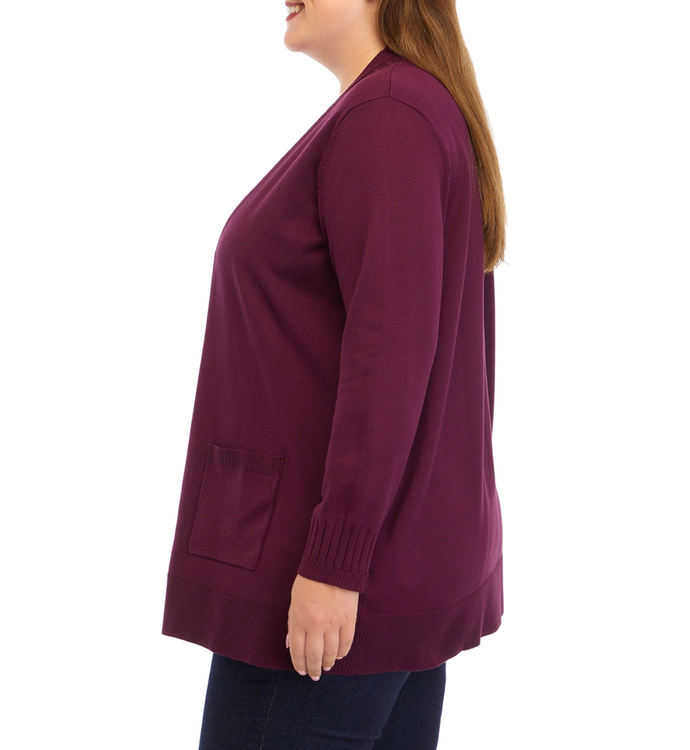 Plus Size Solid Rib Trim Open Cardigan 