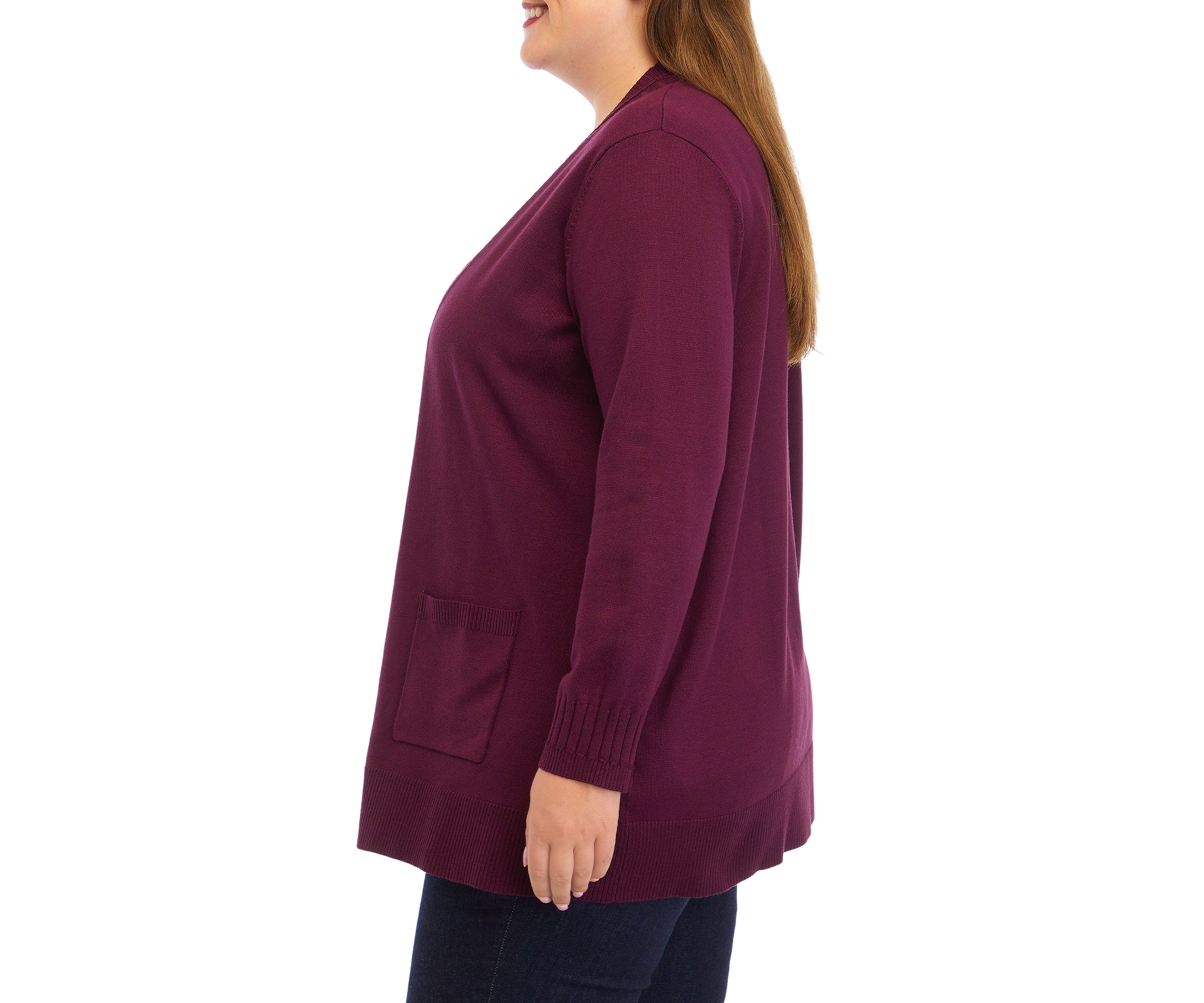 Plus Size Solid Rib Trim Open Cardigan 