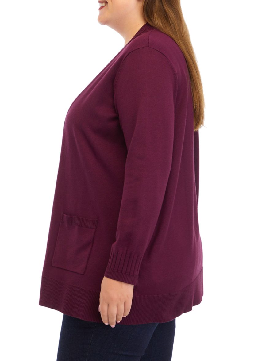 Plus Size Solid Rib Trim Open Cardigan 