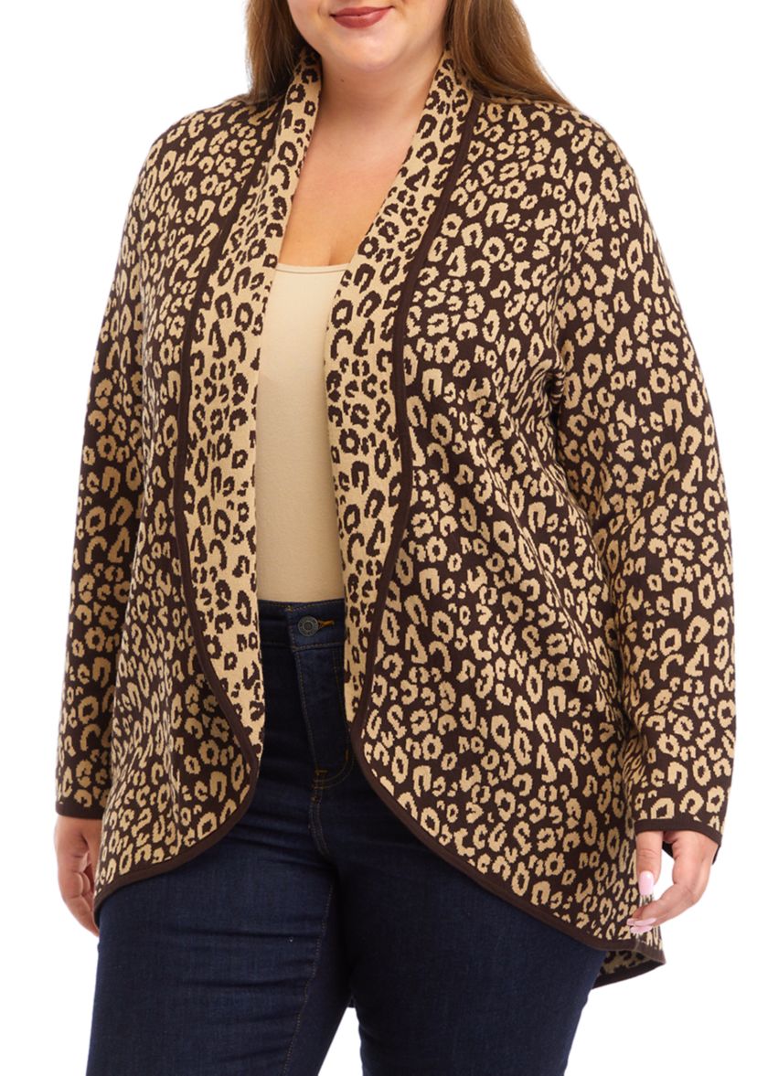 Plus Size Animal Print Shawl Collar Cardigan 