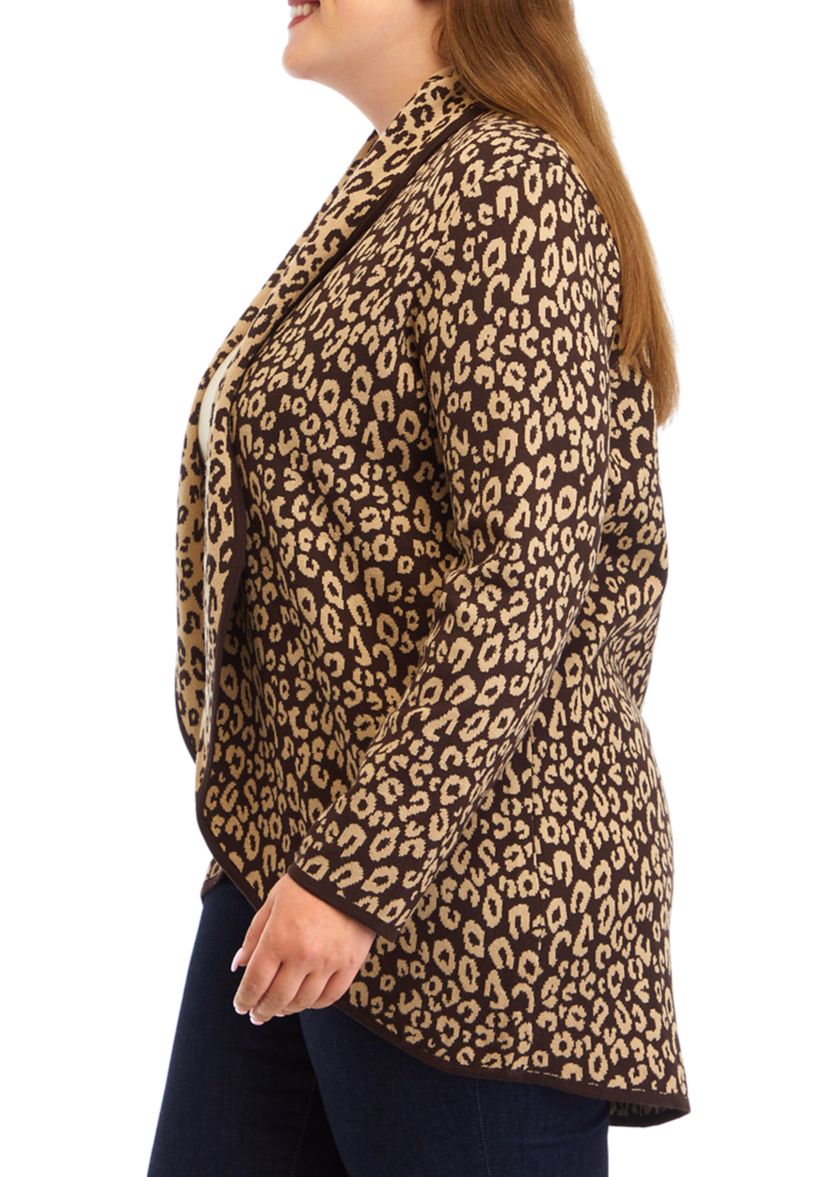 Plus Size Animal Print Shawl Collar Cardigan 